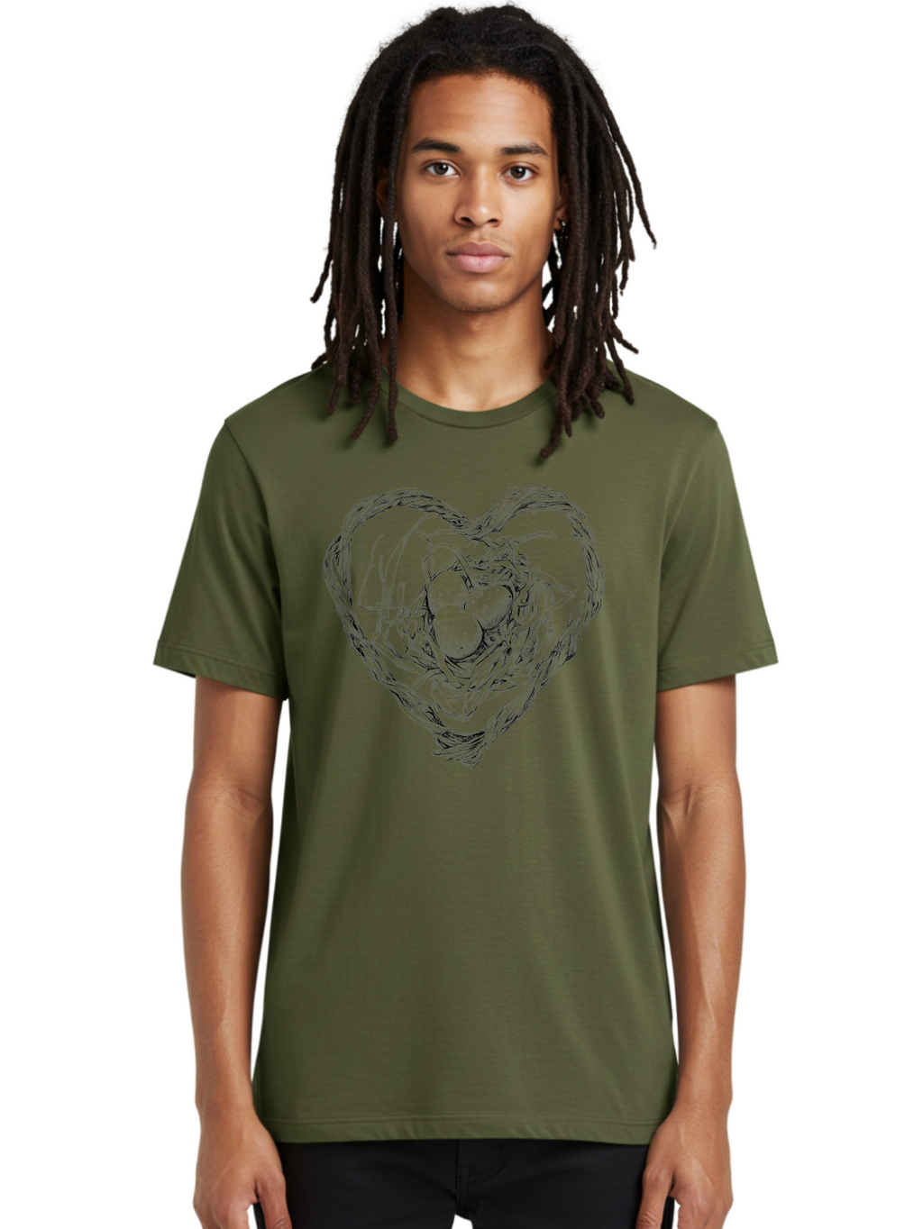 Heart-Shaped-Nest-With-Eggs Men'S Graphic Tee, 100% Cotton, Comfortable Casual Summer Wear, Machine Washable, Heart Shaped Bird Nest, Three Eggs, Twigs And Leaves, Love Symbol, Nature Illustration, Bird'S Nest, Easter Eggs, Spring Theme, Aac259