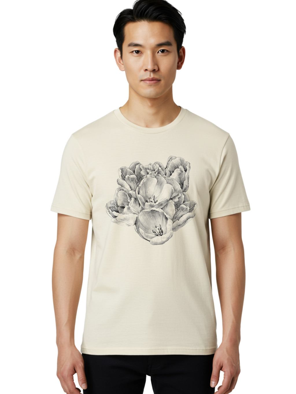 Peony-Flower Men'S Graphic Tee, 100% Cotton, Comfortable Casual Summer Wear, Machine Washable, Detailed Line Drawing, Floral Design, Lush Petals, Botanical Art, Elegant Flowers, Intricate Details, Sketch Style, Flower Illustration Aac261