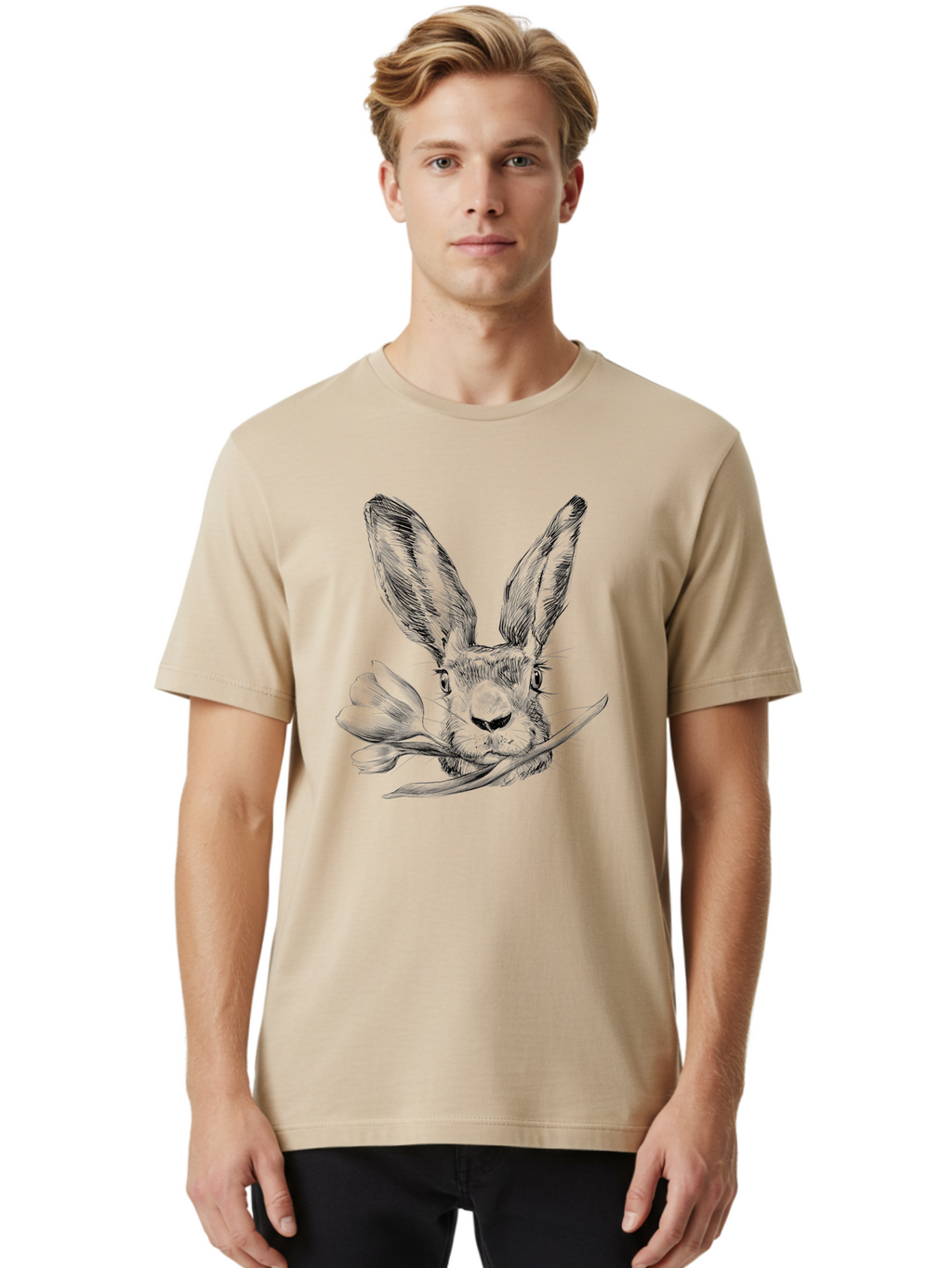 Rabbit-Head-With-Tulip Men'S Graphic Tee, 100% Cotton, Comfortable Casual Summer Wear, Machine Washable, Rabbit Holding Tulip, Pencil Sketch, Realistic Drawing, Detailed Artwork, Floral Theme, Spring Inspiration, Delicate Lines, Aac265