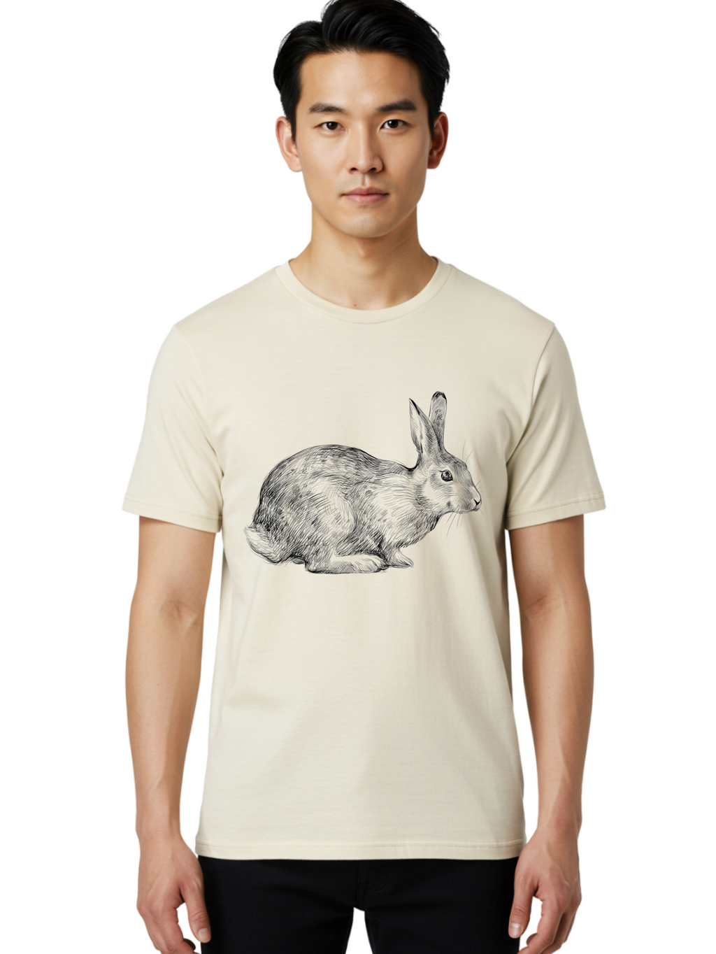 Rabbit-Illustration Men'S Graphic Tee, 100% Cotton, Comfortable Casual Summer Wear, Machine Washable, Detailed Illustration, Rabbit Art, Wildlife Graphics, Nature-Inspired Designs, Furry Creature, Sketch Style, Cute Animal, Whimsical Charm Aac266