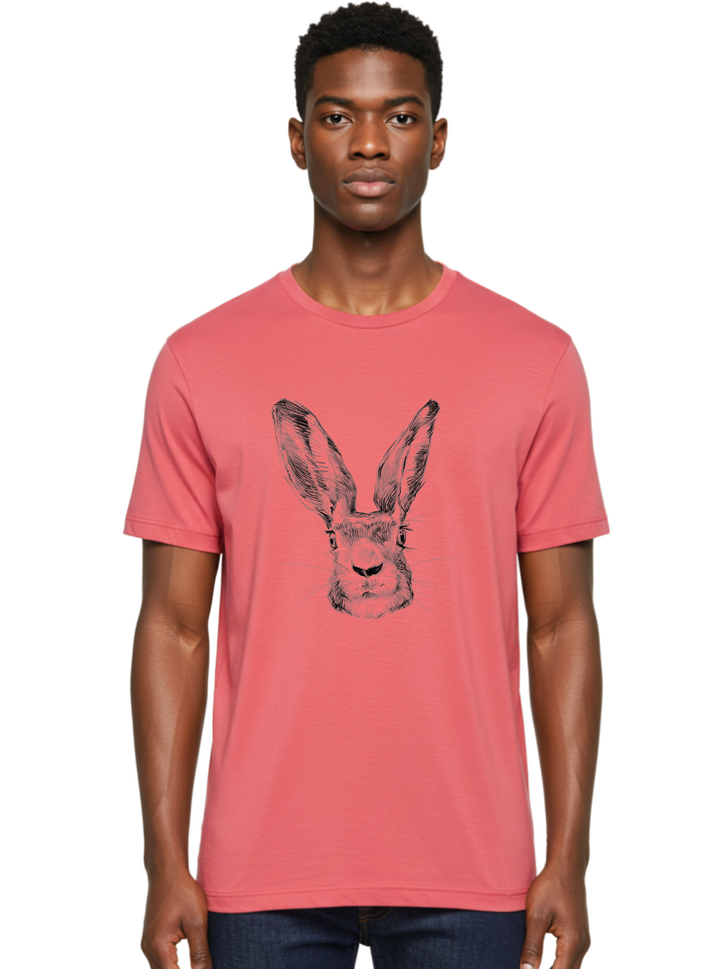 Rabbit-Sketch Men'S Graphic Tee, 100% Cotton, Comfortable Casual Summer Wear, Machine Washable, Rabbit Portrait, Detailed Illustration, Black And White Artwork, Long Ears, Whiskers, Wild Rabbit, Nature-Inspired Design, Sketch Style, Animal Art Aac267