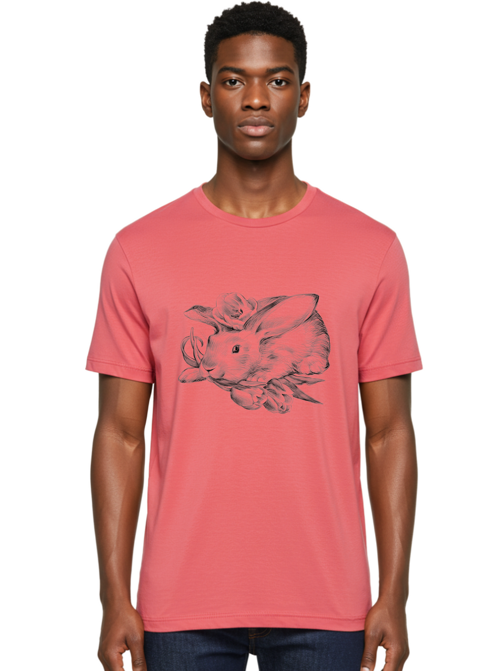 Rabbit-With-Flowers Men'S Graphic Tee, 100% Cotton, Comfortable Casual Summer Wear, Machine Washable, Rabbit Surrounded By Tulips, Floral Arrangement, Ink Illustration, Detailed Drawing, Rabbit With Flowers, Spring Theme, Botanical Art, Aac270
