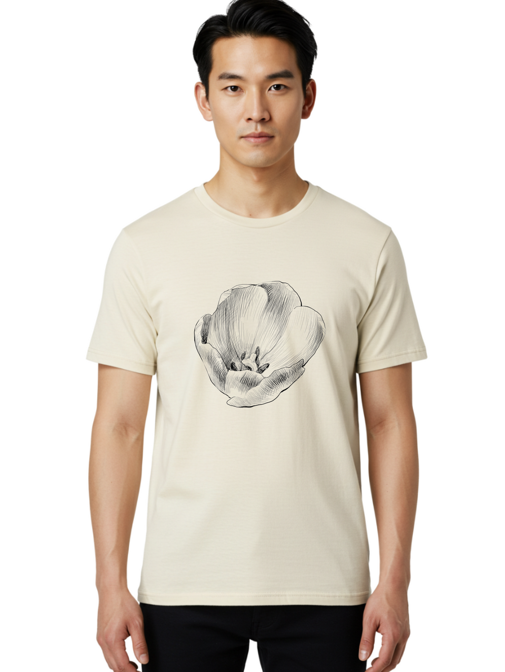 Tulip Men'S Graphic Tee, 100% Cotton, Comfortable Casual Summer Wear, Machine Washable, Hand-Drawn Tulip, Flower Illustration, Botanical Art, Sketched Petals, Elegant Design, Floral Motif, Delicate Lines Aac277