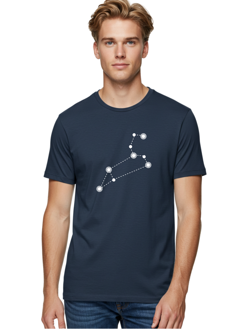 Big-Dipper Men'S Graphic Tee, 100% Cotton, Comfortable Casual Summer Wear, Machine Washable, Constellation Pattern, Big Dipper Stars, Astronomy Symbol, Glowing Constellation, Dotted Lines Connecting Stars, White Stars On Green, Aac278