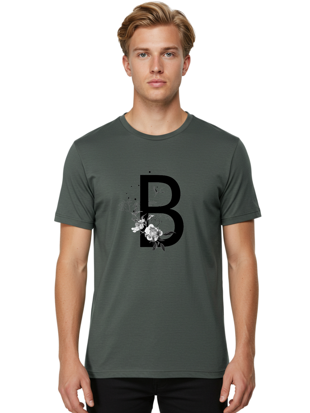 B Men'S Graphic Tee, 100% Cotton, Comfortable Casual Summer Wear, Machine Washable, Large Letter B, Floral Design, White Flowers, Hummingbird, Black Silhouette, Whimsical Illustration, Botanical Art, Black Stars Aac290
