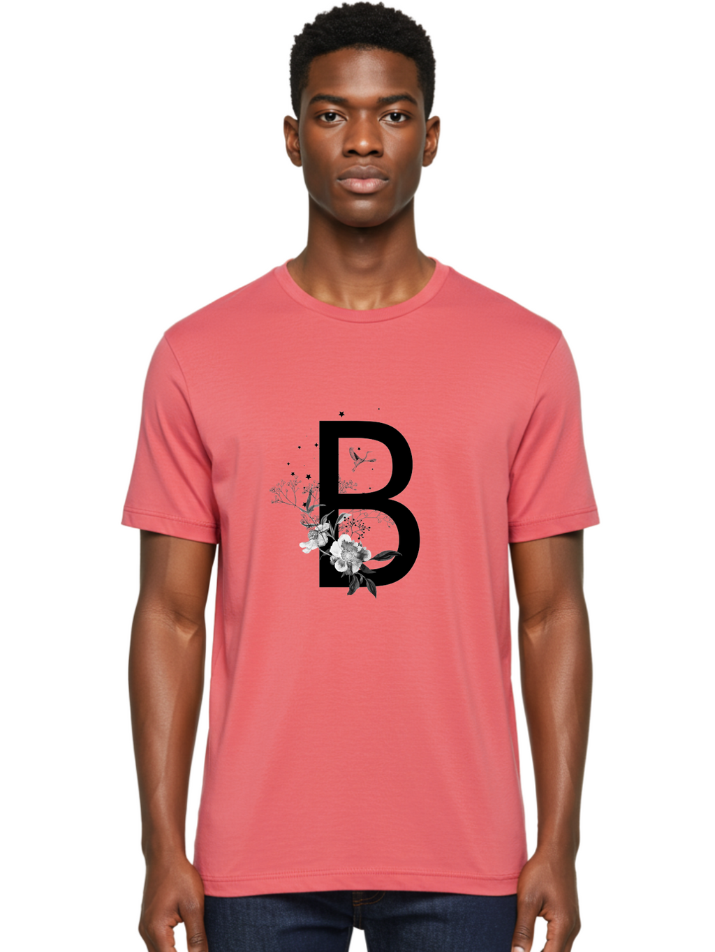 B Men'S Graphic Tee, 100% Cotton, Comfortable Casual Summer Wear, Machine Washable, Large Letter B, Floral Design, White Flowers, Hummingbird, Black Silhouette, Whimsical Illustration, Botanical Art, Black Stars Aac290