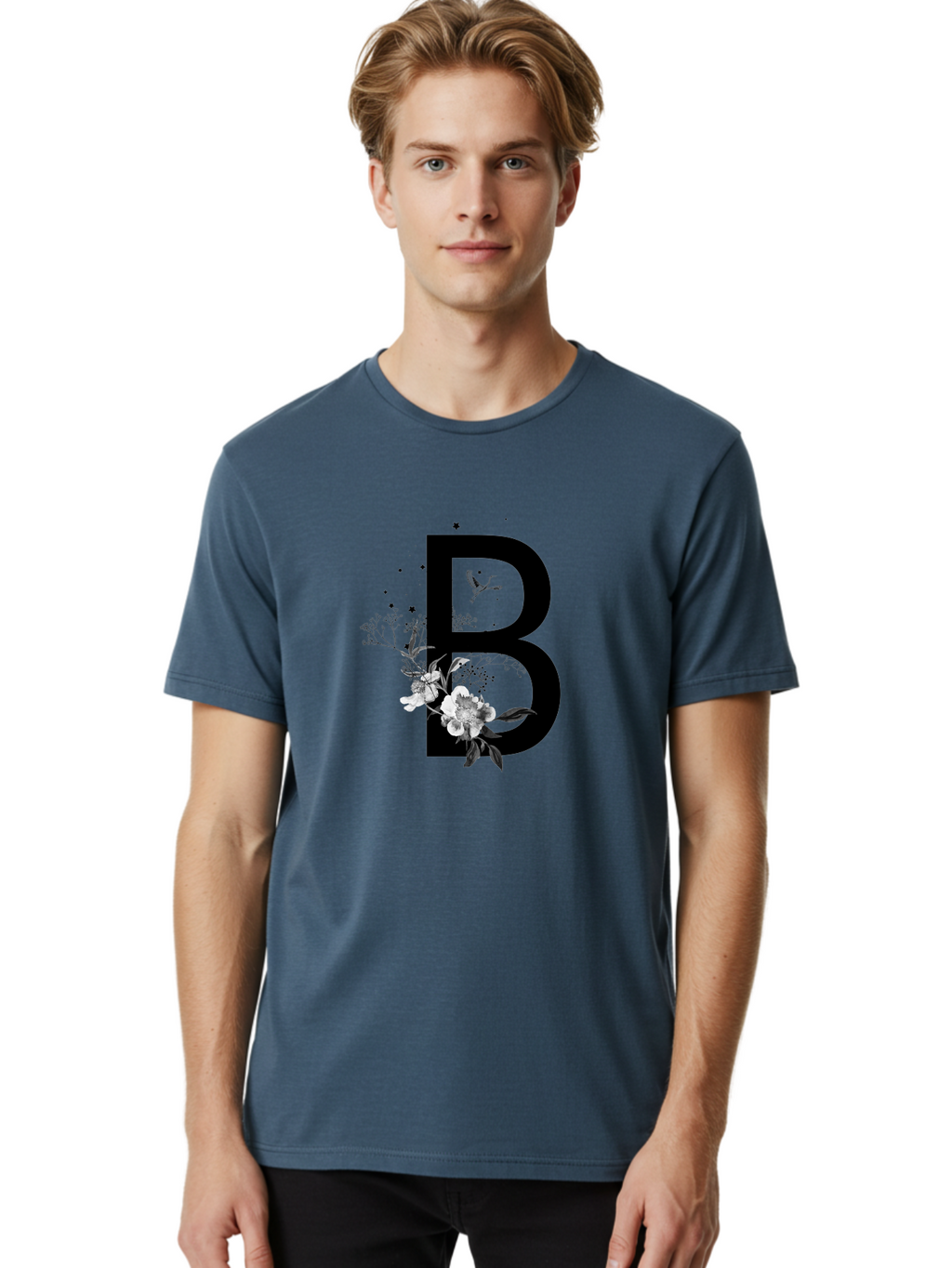 B Men'S Graphic Tee, 100% Cotton, Comfortable Casual Summer Wear, Machine Washable, Large Letter B, Floral Design, White Flowers, Hummingbird, Black Silhouette, Whimsical Illustration, Botanical Art, Black Stars Aac290