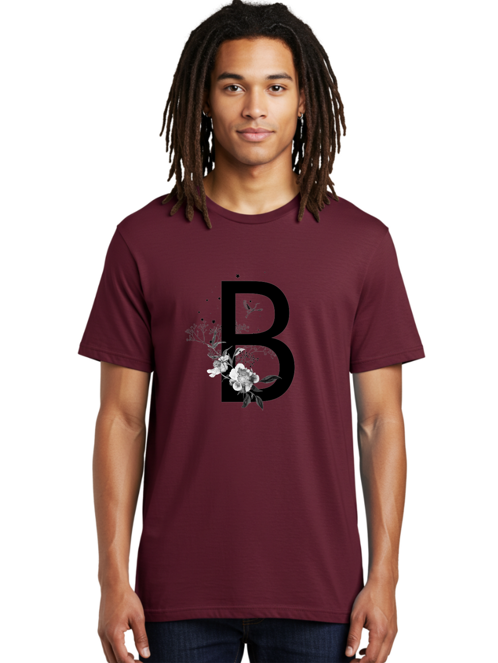 B Men'S Graphic Tee, 100% Cotton, Comfortable Casual Summer Wear, Machine Washable, Large Letter B, Floral Design, White Flowers, Hummingbird, Black Silhouette, Whimsical Illustration, Botanical Art, Black Stars Aac290