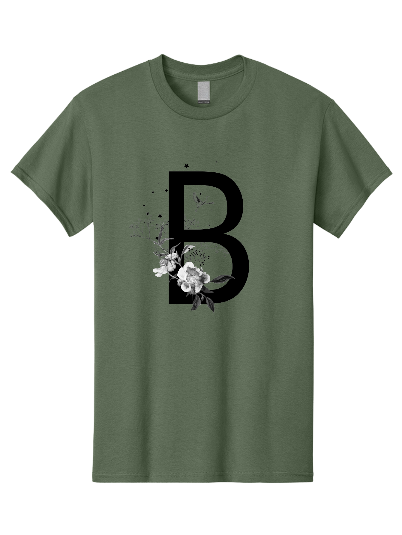 B Men'S Graphic Tee, 100% Cotton, Comfortable Casual Summer Wear, Machine Washable, Large Letter B, Floral Design, White Flowers, Hummingbird, Black Silhouette, Whimsical Illustration, Botanical Art, Black Stars Aac290