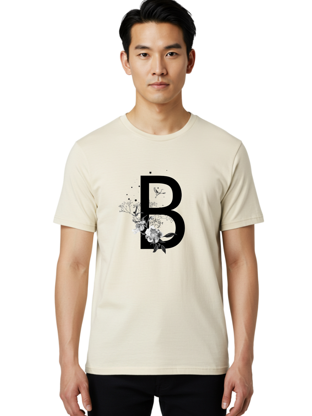 B Men'S Graphic Tee, 100% Cotton, Comfortable Casual Summer Wear, Machine Washable, Large Letter B, Floral Design, White Flowers, Hummingbird, Black Silhouette, Whimsical Illustration, Botanical Art, Black Stars Aac290
