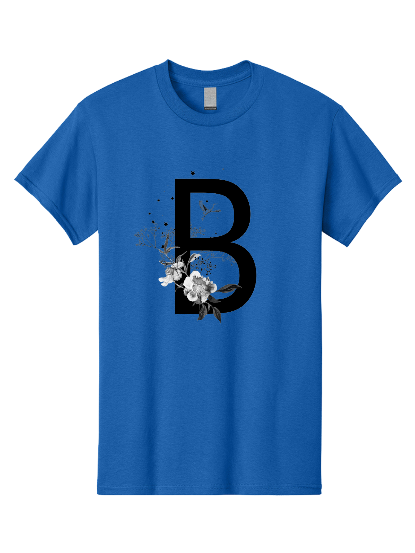 B Men'S Graphic Tee, 100% Cotton, Comfortable Casual Summer Wear, Machine Washable, Large Letter B, Floral Design, White Flowers, Hummingbird, Black Silhouette, Whimsical Illustration, Botanical Art, Black Stars Aac290