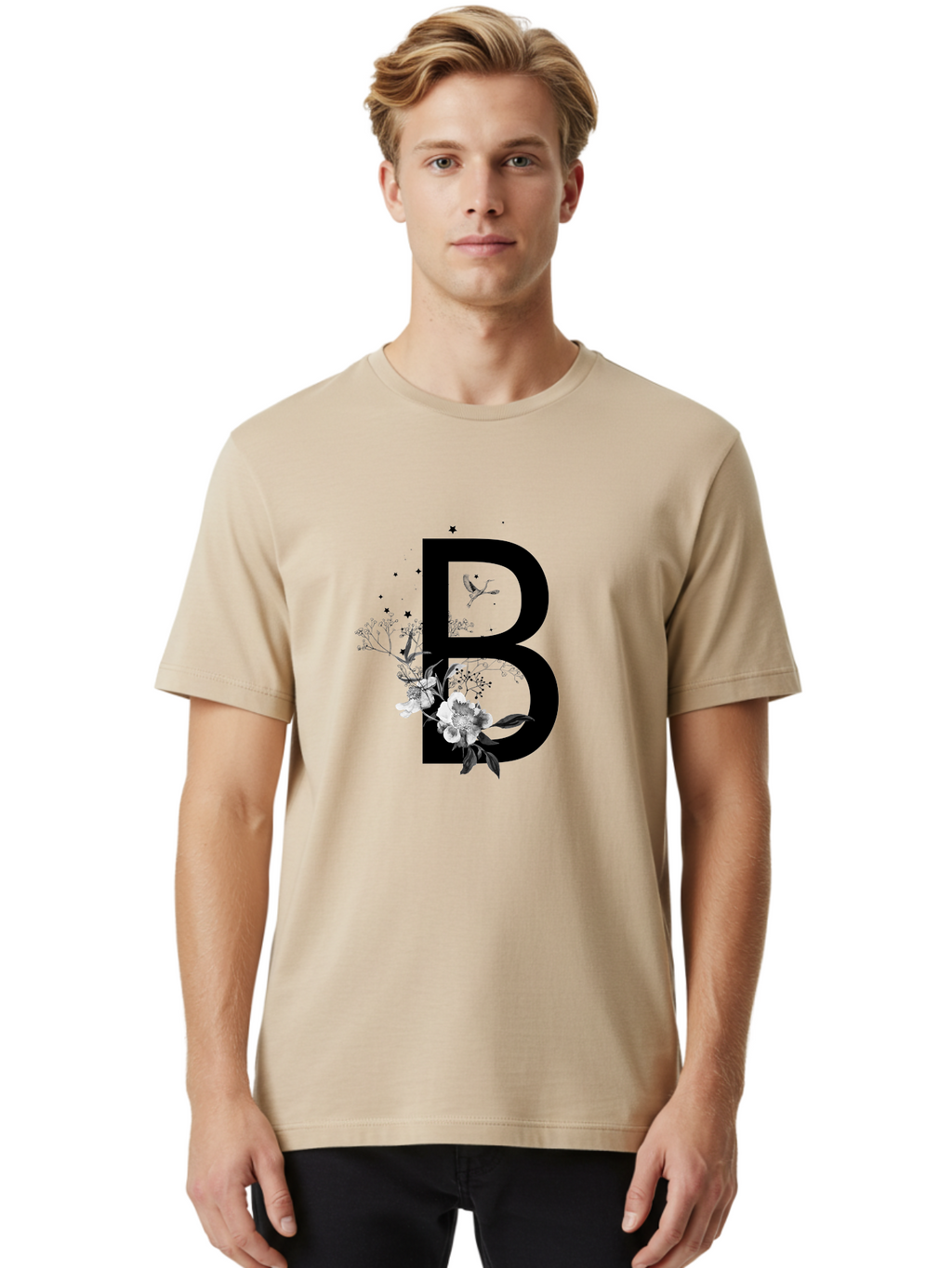 B Men'S Graphic Tee, 100% Cotton, Comfortable Casual Summer Wear, Machine Washable, Large Letter B, Floral Design, White Flowers, Hummingbird, Black Silhouette, Whimsical Illustration, Botanical Art, Black Stars Aac290