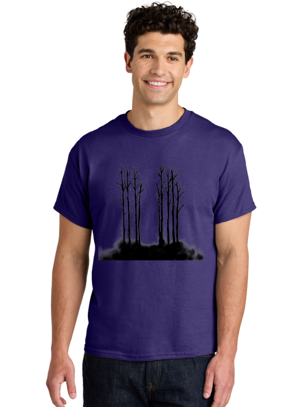Bare-Trees-1 Men'S Graphic Tee, 100% Cotton, Comfortable Casual Summer Wear, Machine Washable, Bare Trees, Silhouette Art, Black Trees, Leafless Branches, Minimalist Design, Eerie Atmosphere, Dramatic Shadows Aac292