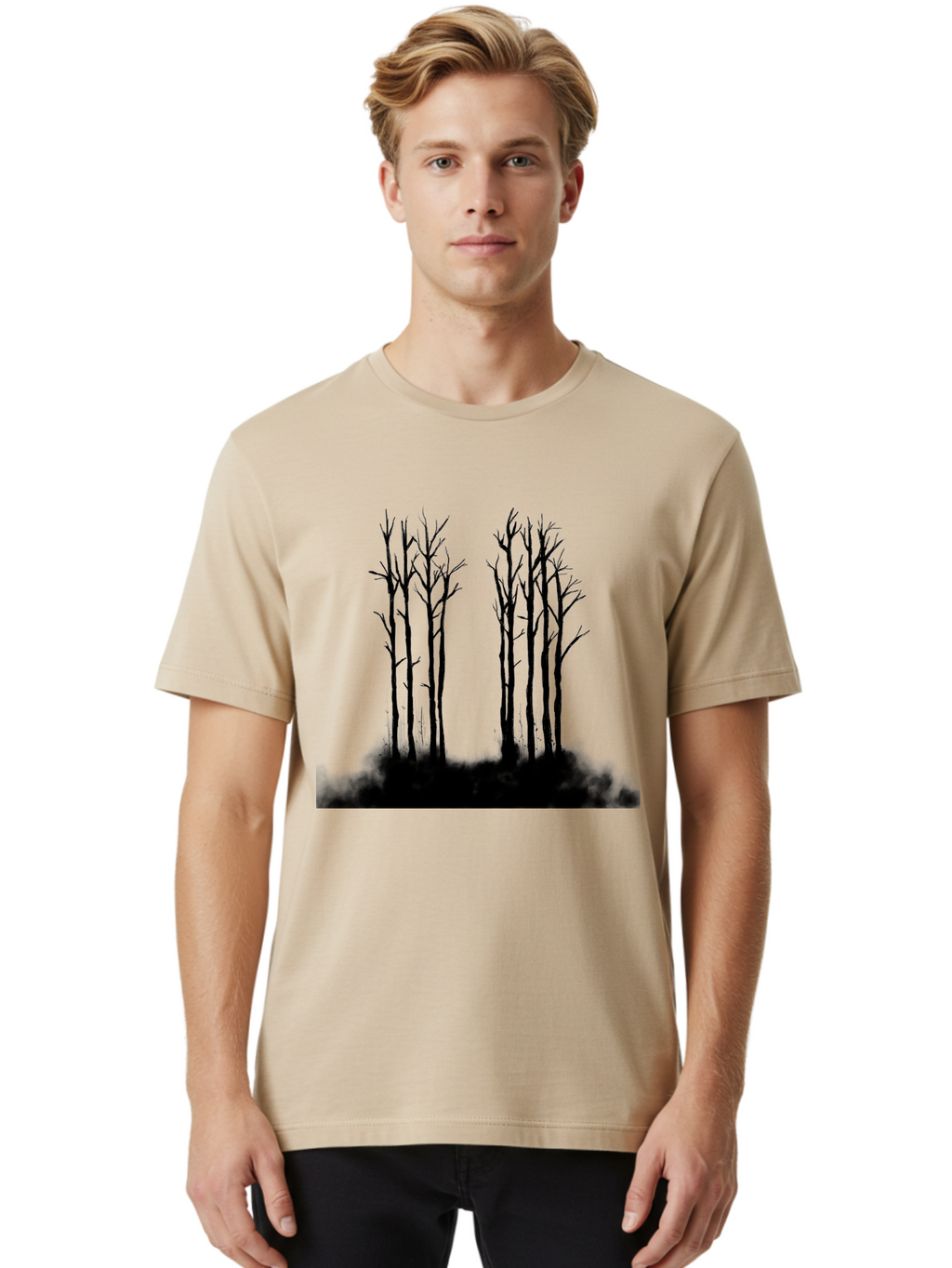 Bare-Trees-1 Men'S Graphic Tee, 100% Cotton, Comfortable Casual Summer Wear, Machine Washable, Bare Trees, Silhouette Art, Black Trees, Leafless Branches, Minimalist Design, Eerie Atmosphere, Dramatic Shadows Aac292