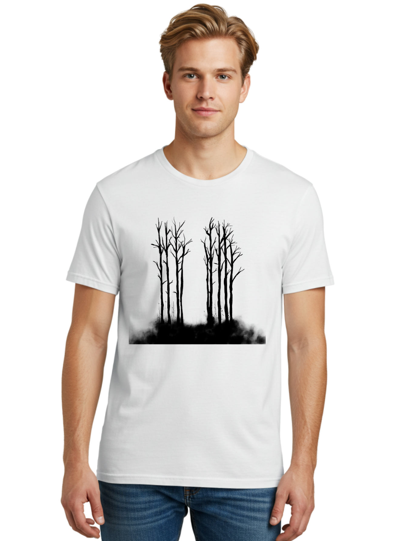 Bare-Trees-1 Men'S Graphic Tee, 100% Cotton, Comfortable Casual Summer Wear, Machine Washable, Bare Trees, Silhouette Art, Black Trees, Leafless Branches, Minimalist Design, Eerie Atmosphere, Dramatic Shadows Aac292