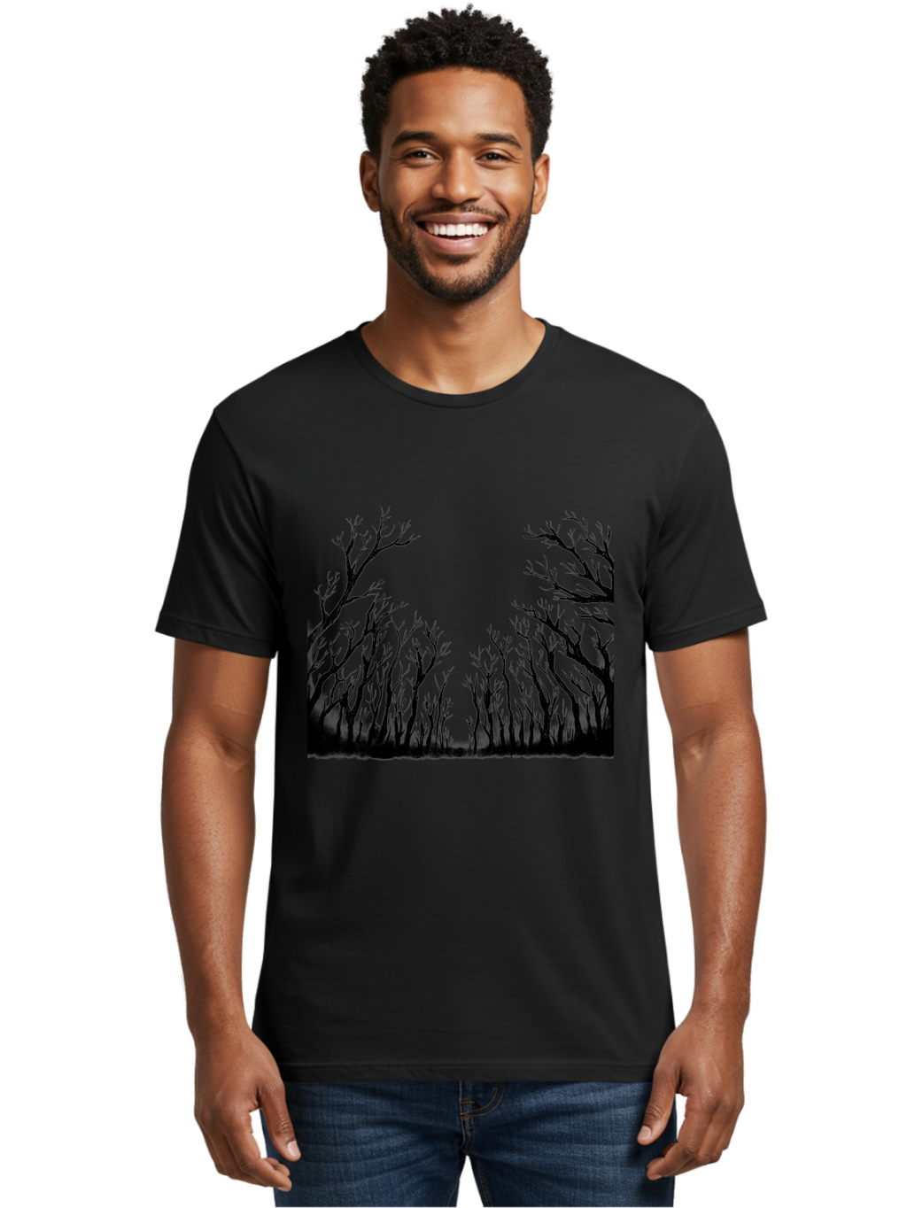 Bare-Trees Men'S Graphic Tee, 100% Cotton, Comfortable Casual Summer Wear, Machine Washable, Bare Trees, Black Silhouettes, Forest Landscape, Autumn Or Winter Scene, Dramatic Atmosphere, Mysterious Ambiance, Eerie Forest, Stark Beauty, Aac293