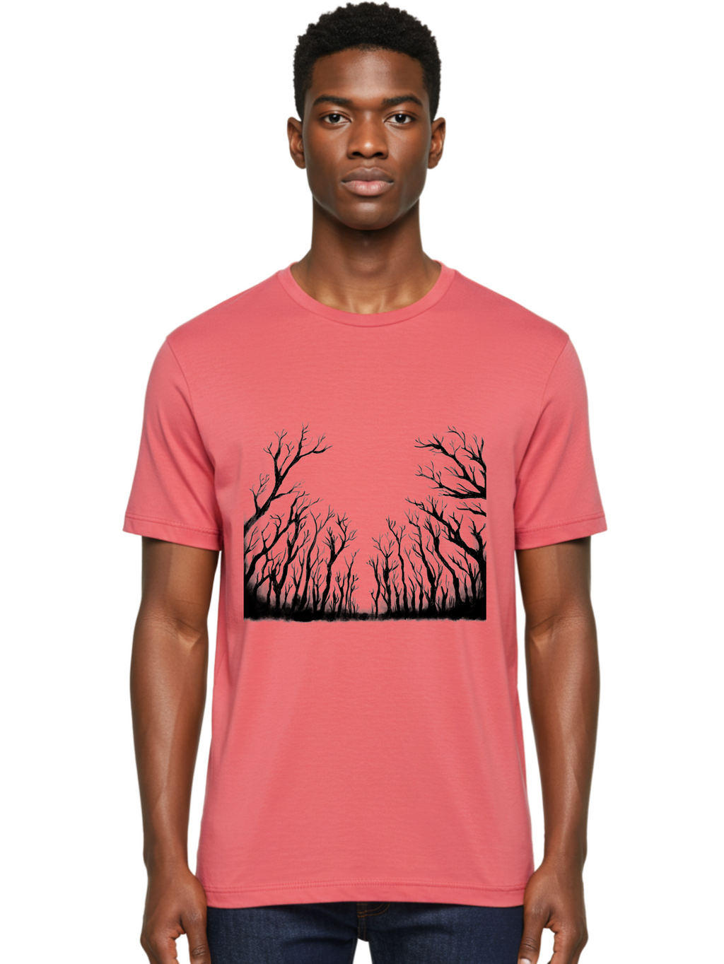 Bare-Trees Men'S Graphic Tee, 100% Cotton, Comfortable Casual Summer Wear, Machine Washable, Bare Trees, Black Silhouettes, Forest Landscape, Autumn Or Winter Scene, Dramatic Atmosphere, Mysterious Ambiance, Eerie Forest, Stark Beauty, Aac293