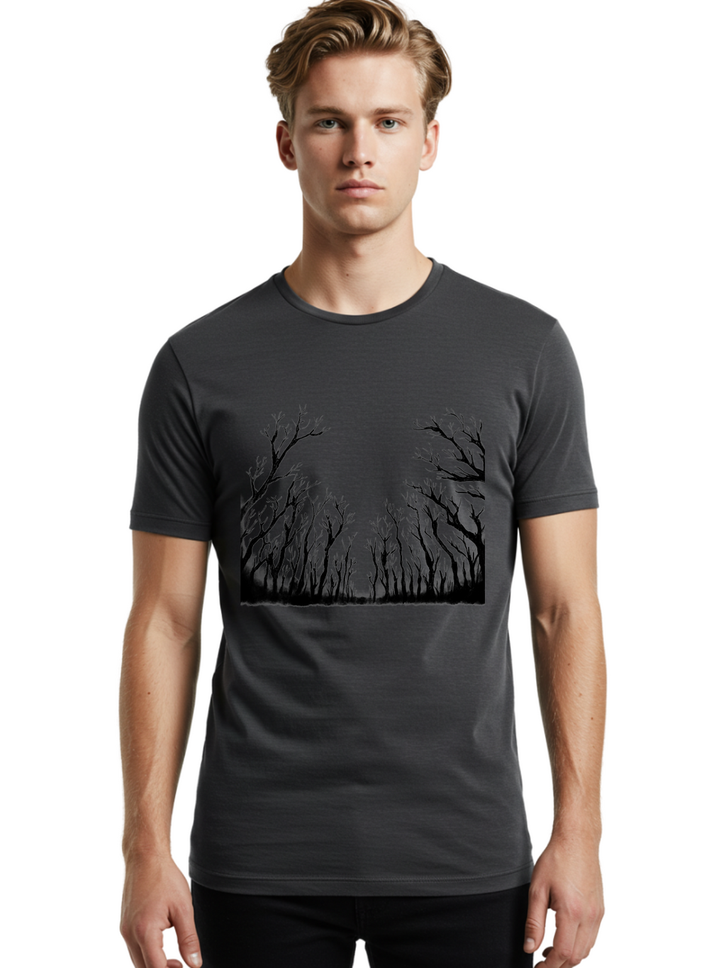 Bare-Trees Men'S Graphic Tee, 100% Cotton, Comfortable Casual Summer Wear, Machine Washable, Bare Trees, Black Silhouettes, Forest Landscape, Autumn Or Winter Scene, Dramatic Atmosphere, Mysterious Ambiance, Eerie Forest, Stark Beauty, Aac293