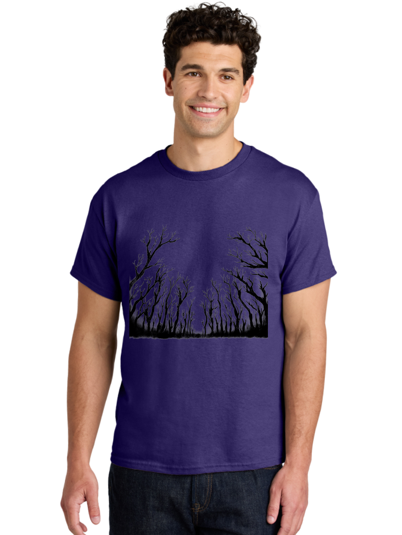 Bare-Trees Men'S Graphic Tee, 100% Cotton, Comfortable Casual Summer Wear, Machine Washable, Bare Trees, Black Silhouettes, Forest Landscape, Autumn Or Winter Scene, Dramatic Atmosphere, Mysterious Ambiance, Eerie Forest, Stark Beauty, Aac293