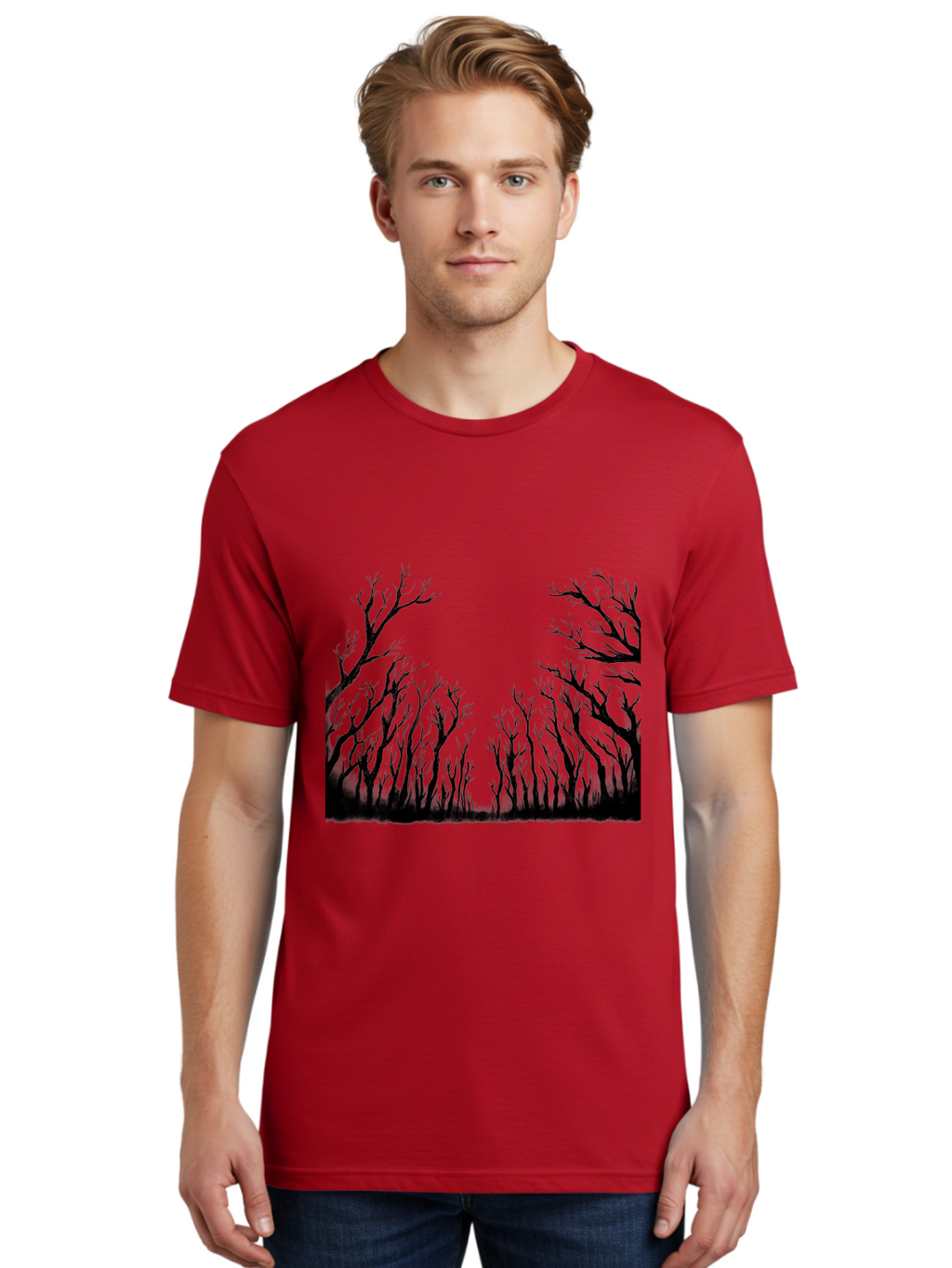 Bare-Trees Men'S Graphic Tee, 100% Cotton, Comfortable Casual Summer Wear, Machine Washable, Bare Trees, Black Silhouettes, Forest Landscape, Autumn Or Winter Scene, Dramatic Atmosphere, Mysterious Ambiance, Eerie Forest, Stark Beauty, Aac293