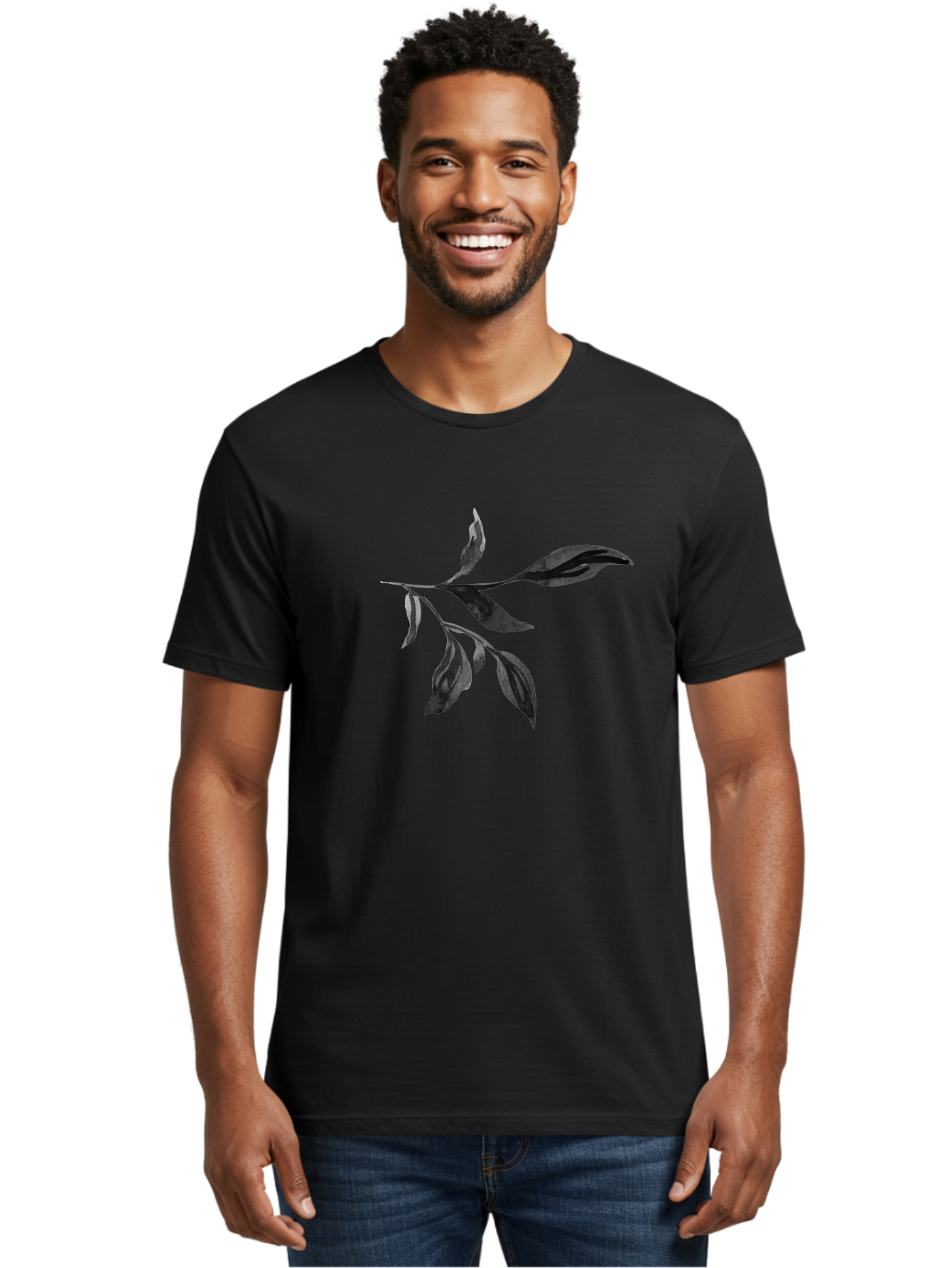 Black-Leaves Men'S Graphic Tee, 100% Cotton, Comfortable Casual Summer Wear, Machine Washable, Black Leaves, Foliage, Botanical Illustration, Leafy Branch, Dark Foliage, Minimalist Design, Simple Graphics, Nature-Inspired Art, Leaf Arrangement Aac294