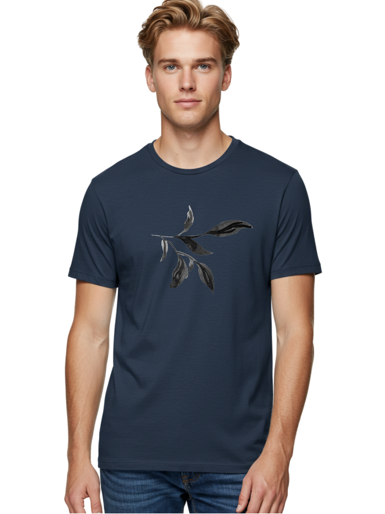 Black-Leaves Men'S Graphic Tee, 100% Cotton, Comfortable Casual Summer Wear, Machine Washable, Black Leaves, Foliage, Botanical Illustration, Leafy Branch, Dark Foliage, Minimalist Design, Simple Graphics, Nature-Inspired Art, Leaf Arrangement Aac294
