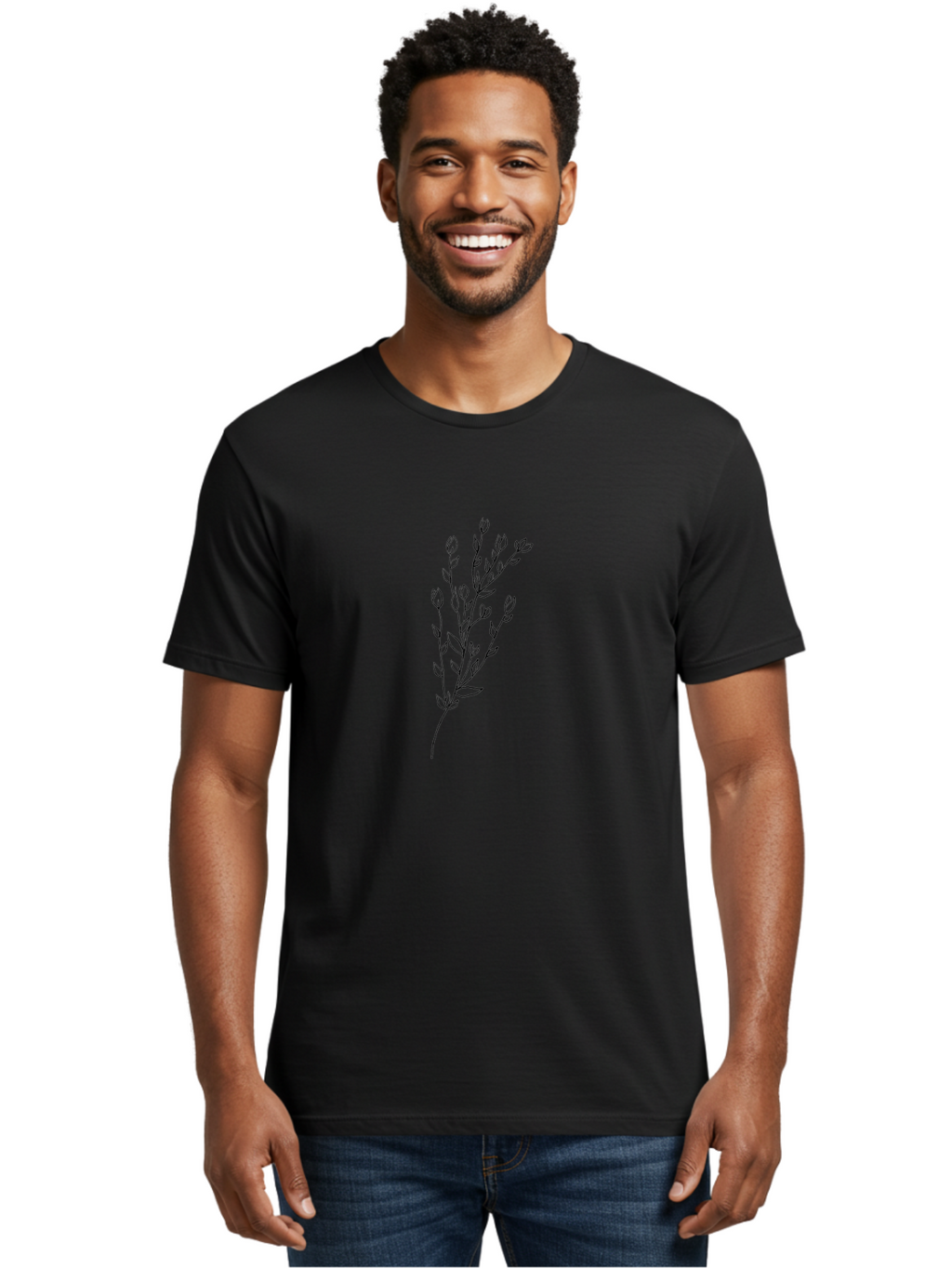 Budding-Branch Men'S Graphic Tee, 100% Cotton, Comfortable Casual Summer Wear, Machine Washable, Minimalist Flower Illustration, Simple Line Art, Botanical Design, Floral Elements, Delicate Stems, Leaves And Buds, Modern Botanical Art Aac296