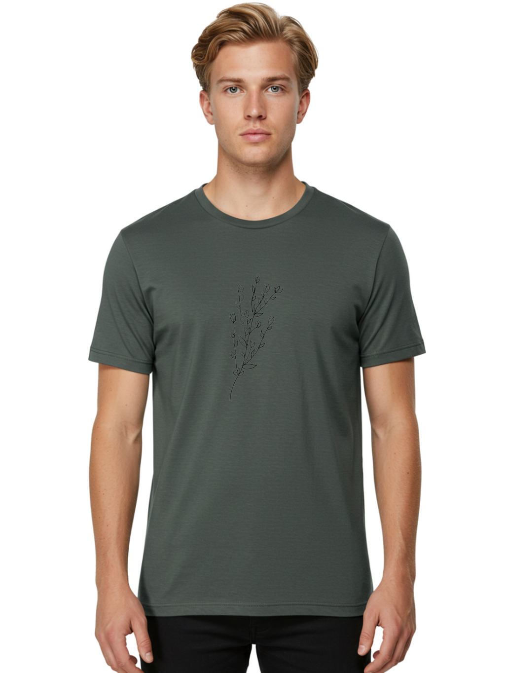 Budding-Branch Men'S Graphic Tee, 100% Cotton, Comfortable Casual Summer Wear, Machine Washable, Minimalist Flower Illustration, Simple Line Art, Botanical Design, Floral Elements, Delicate Stems, Leaves And Buds, Modern Botanical Art Aac296