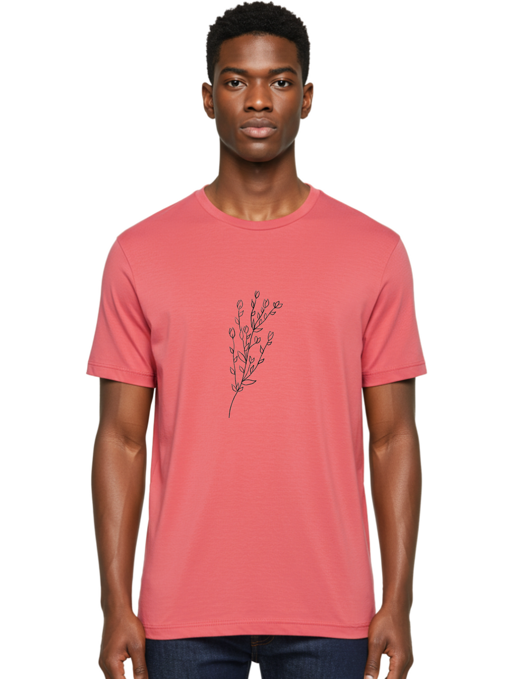 Budding-Branch Men'S Graphic Tee, 100% Cotton, Comfortable Casual Summer Wear, Machine Washable, Minimalist Flower Illustration, Simple Line Art, Botanical Design, Floral Elements, Delicate Stems, Leaves And Buds, Modern Botanical Art Aac296