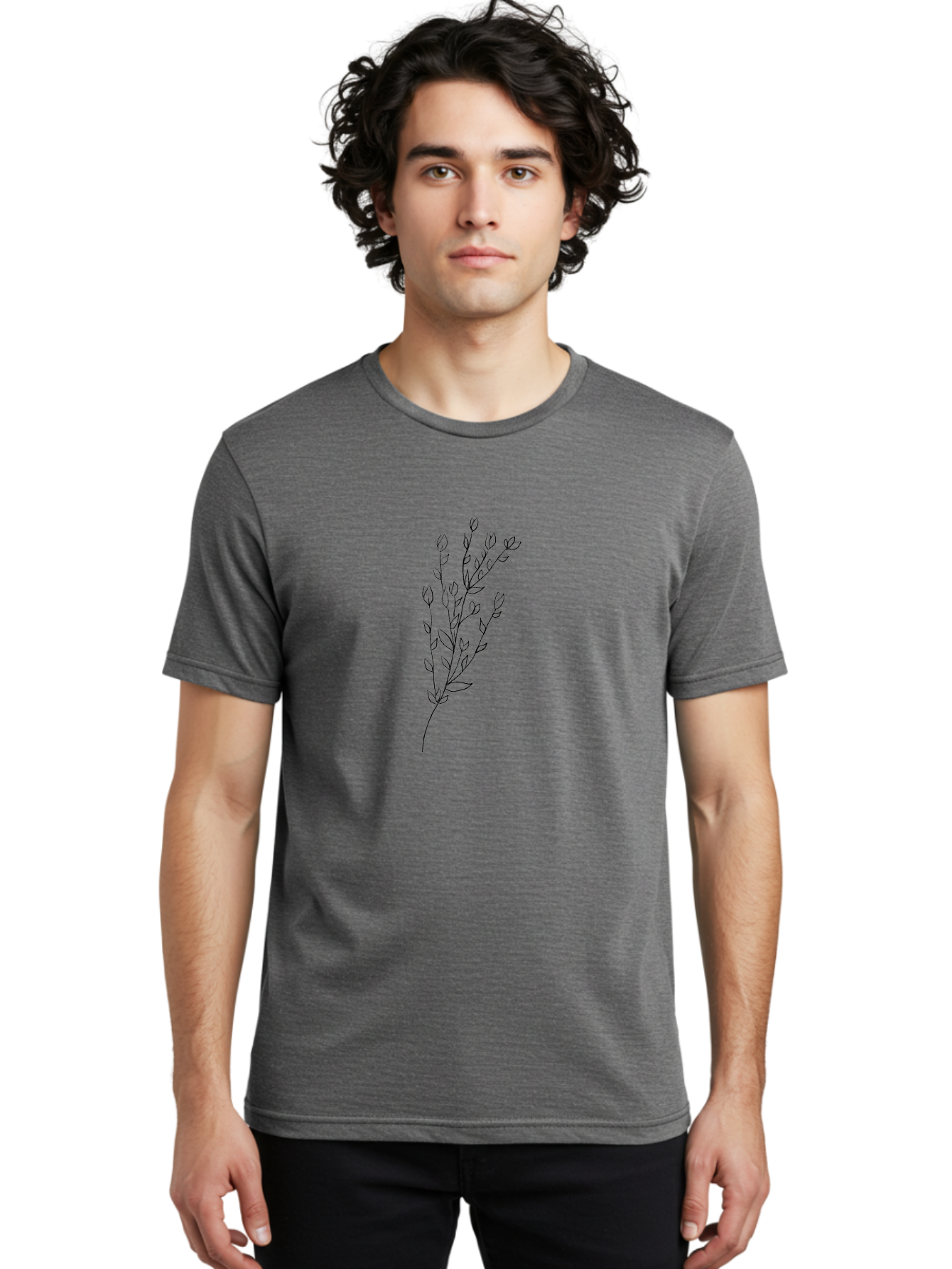 Budding-Branch Men'S Graphic Tee, 100% Cotton, Comfortable Casual Summer Wear, Machine Washable, Minimalist Flower Illustration, Simple Line Art, Botanical Design, Floral Elements, Delicate Stems, Leaves And Buds, Modern Botanical Art Aac296