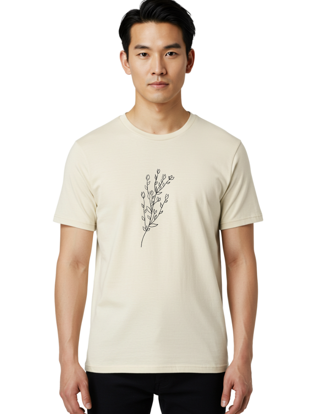 Budding-Branch Men'S Graphic Tee, 100% Cotton, Comfortable Casual Summer Wear, Machine Washable, Minimalist Flower Illustration, Simple Line Art, Botanical Design, Floral Elements, Delicate Stems, Leaves And Buds, Modern Botanical Art Aac296