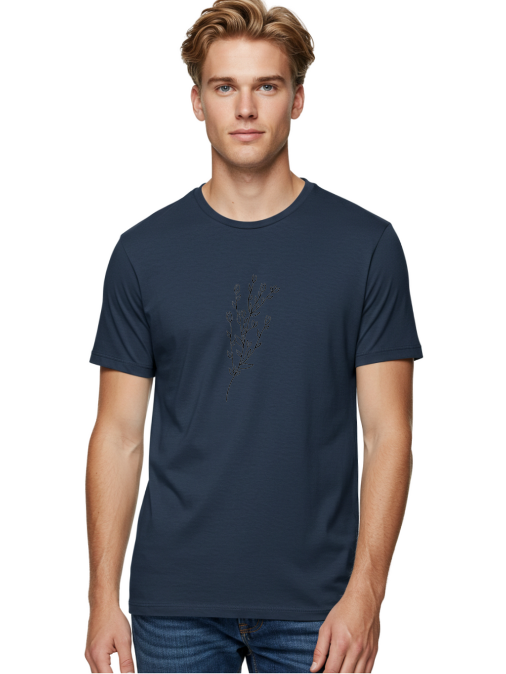 Budding-Branch Men'S Graphic Tee, 100% Cotton, Comfortable Casual Summer Wear, Machine Washable, Minimalist Flower Illustration, Simple Line Art, Botanical Design, Floral Elements, Delicate Stems, Leaves And Buds, Modern Botanical Art Aac296