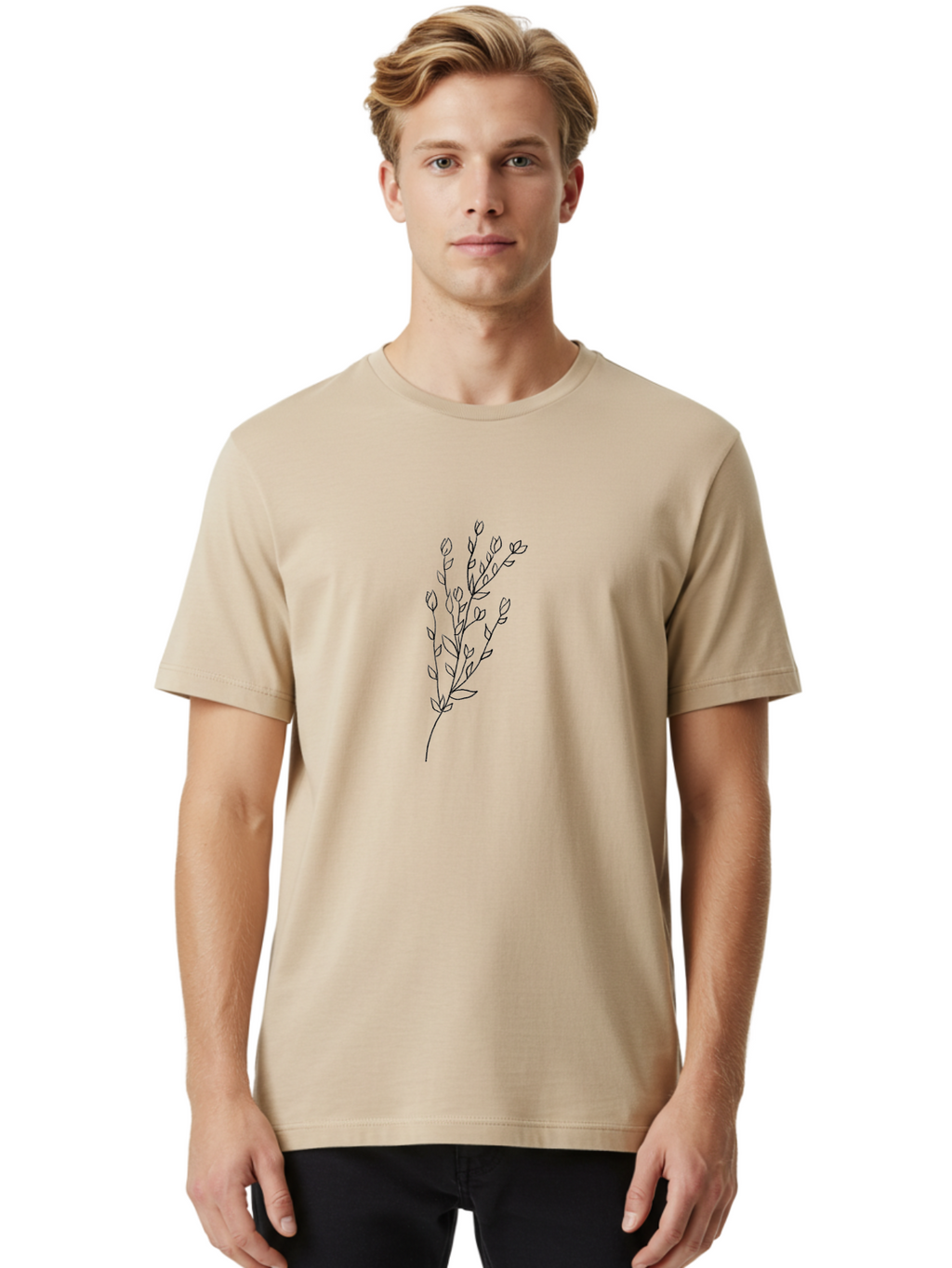 Budding-Branch Men'S Graphic Tee, 100% Cotton, Comfortable Casual Summer Wear, Machine Washable, Minimalist Flower Illustration, Simple Line Art, Botanical Design, Floral Elements, Delicate Stems, Leaves And Buds, Modern Botanical Art Aac296