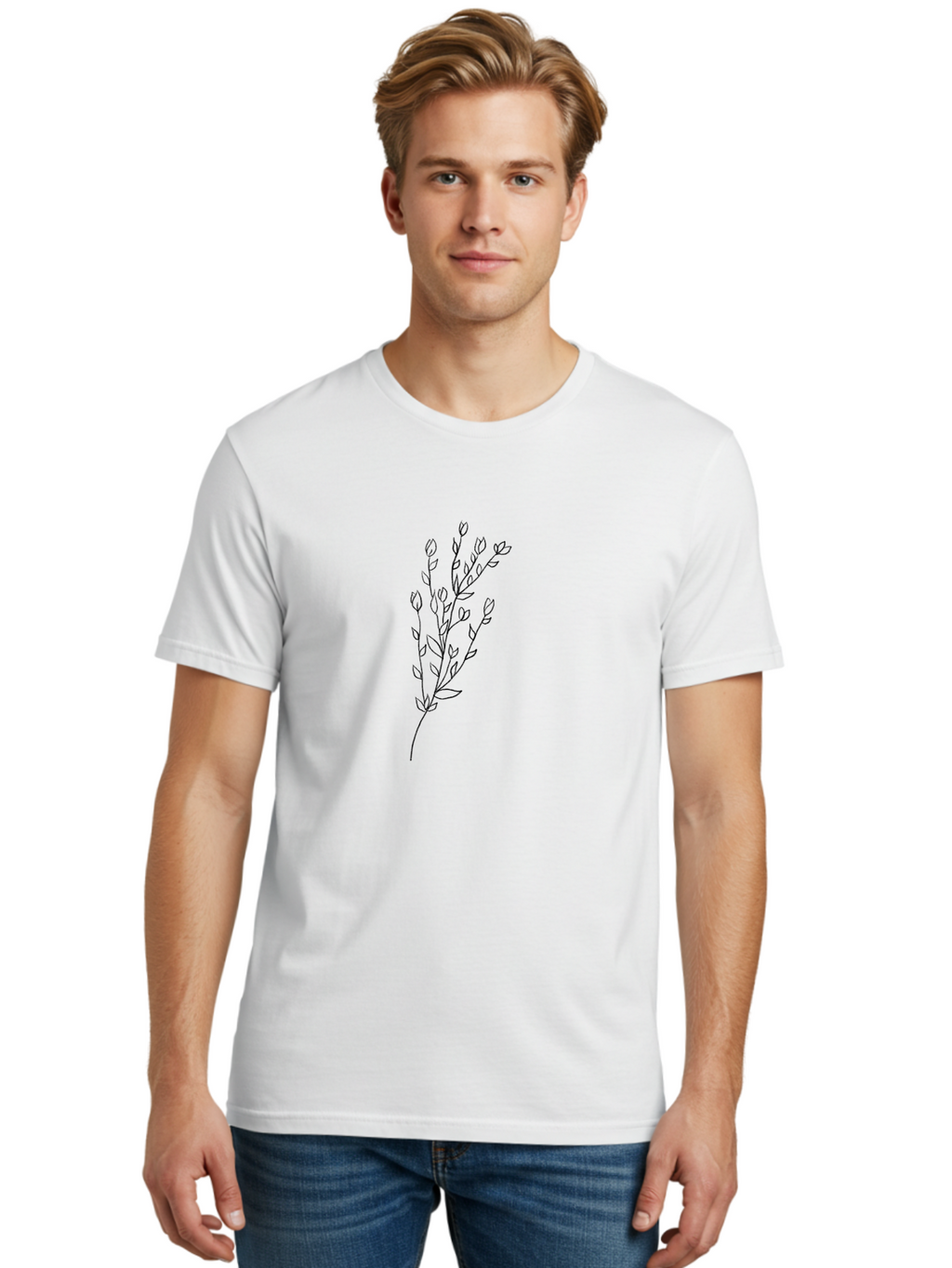 Budding-Branch Men'S Graphic Tee, 100% Cotton, Comfortable Casual Summer Wear, Machine Washable, Minimalist Flower Illustration, Simple Line Art, Botanical Design, Floral Elements, Delicate Stems, Leaves And Buds, Modern Botanical Art Aac296