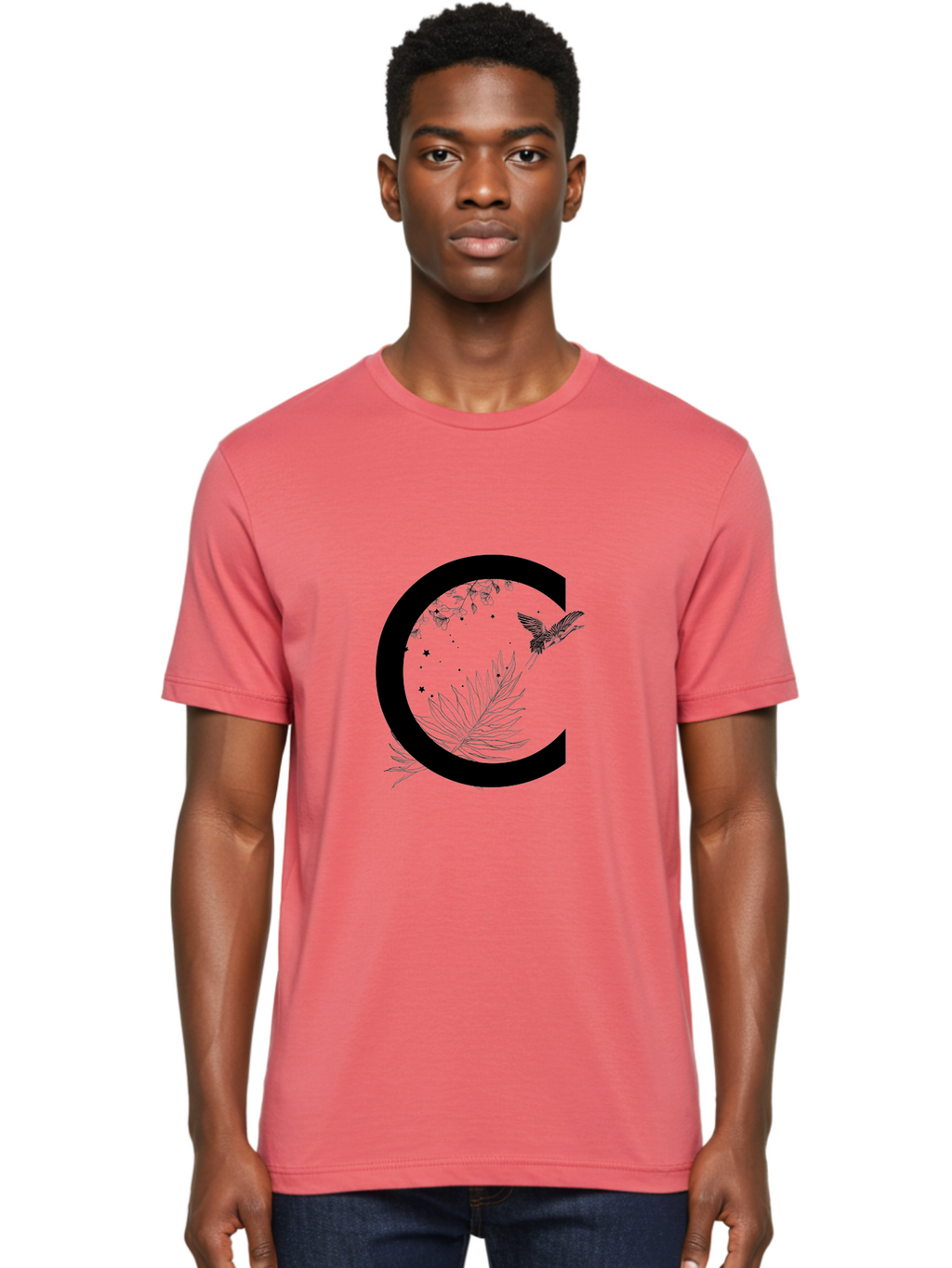 C Men'S Graphic Tee, 100% Cotton, Comfortable Casual Summer Wear, Machine Washable, Stylized Letter C, Black Logo, Floral Designs, Hummingbird, Leaves, Botanical Elements, Artistic Typography, Monochrome Illustration, Nature-Inspired Graphics Aac297