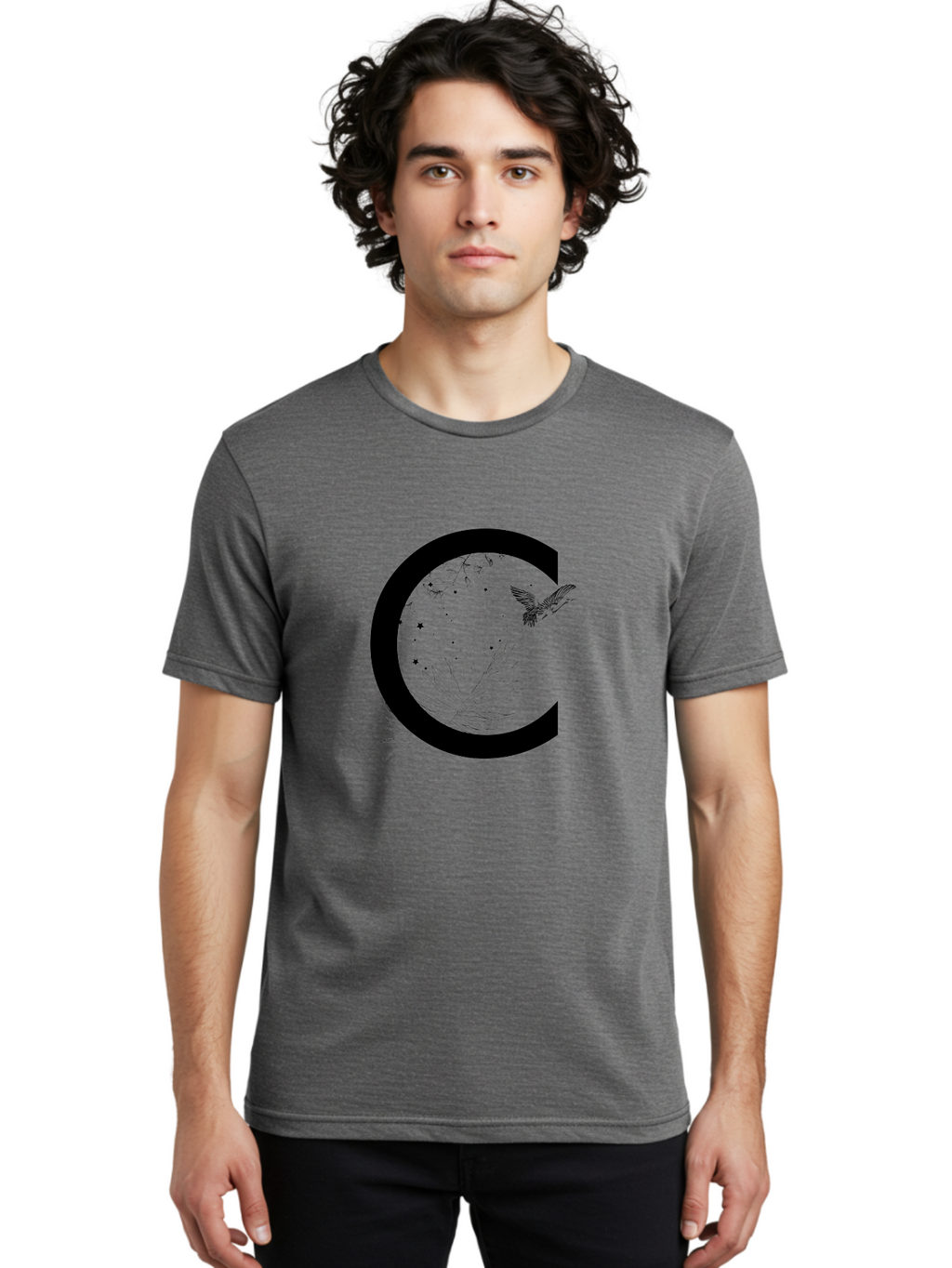C Men'S Graphic Tee, 100% Cotton, Comfortable Casual Summer Wear, Machine Washable, Stylized Letter C, Black Logo, Floral Designs, Hummingbird, Leaves, Botanical Elements, Artistic Typography, Monochrome Illustration, Nature-Inspired Graphics Aac297
