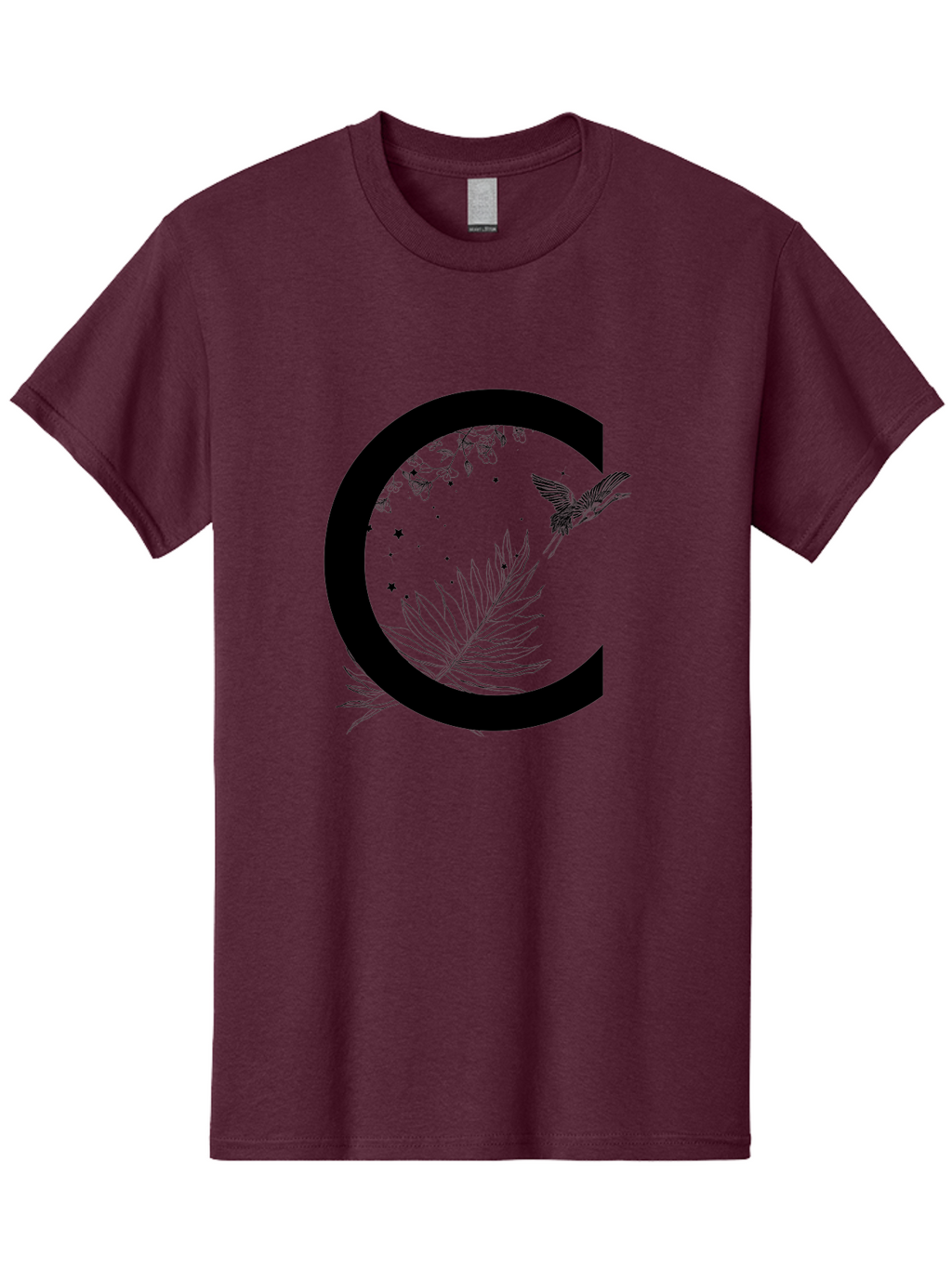 C Men'S Graphic Tee, 100% Cotton, Comfortable Casual Summer Wear, Machine Washable, Stylized Letter C, Black Logo, Floral Designs, Hummingbird, Leaves, Botanical Elements, Artistic Typography, Monochrome Illustration, Nature-Inspired Graphics Aac297