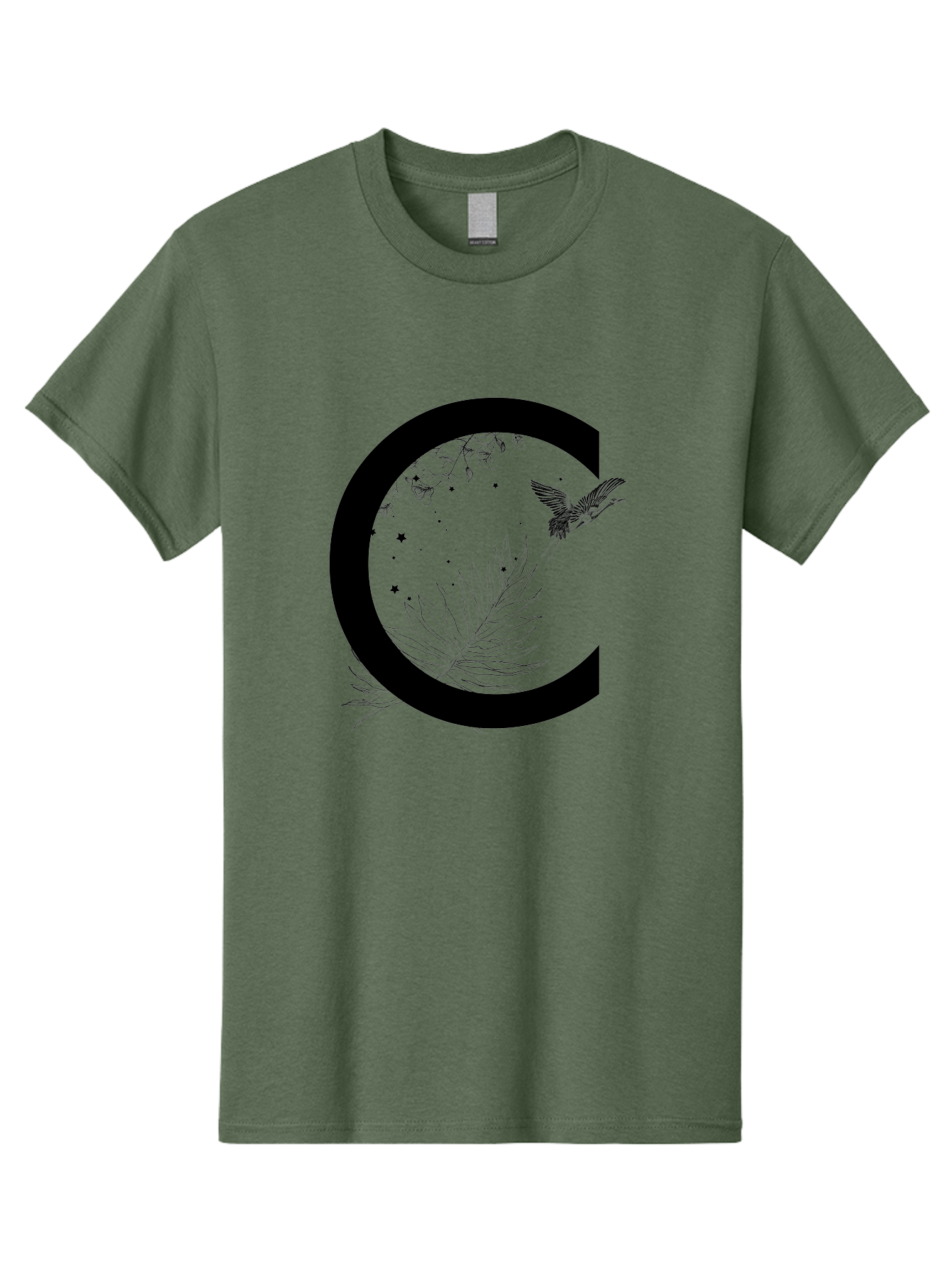 C Men'S Graphic Tee, 100% Cotton, Comfortable Casual Summer Wear, Machine Washable, Stylized Letter C, Black Logo, Floral Designs, Hummingbird, Leaves, Botanical Elements, Artistic Typography, Monochrome Illustration, Nature-Inspired Graphics Aac297