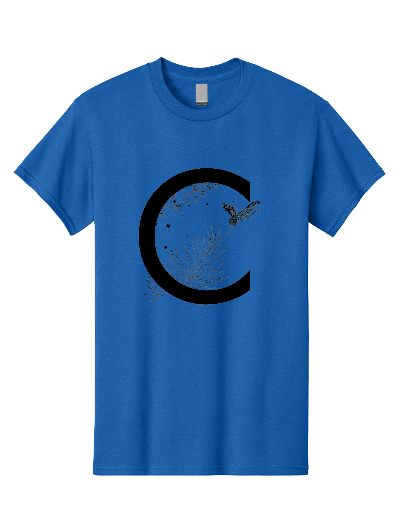 C Men'S Graphic Tee, 100% Cotton, Comfortable Casual Summer Wear, Machine Washable, Stylized Letter C, Black Logo, Floral Designs, Hummingbird, Leaves, Botanical Elements, Artistic Typography, Monochrome Illustration, Nature-Inspired Graphics Aac297