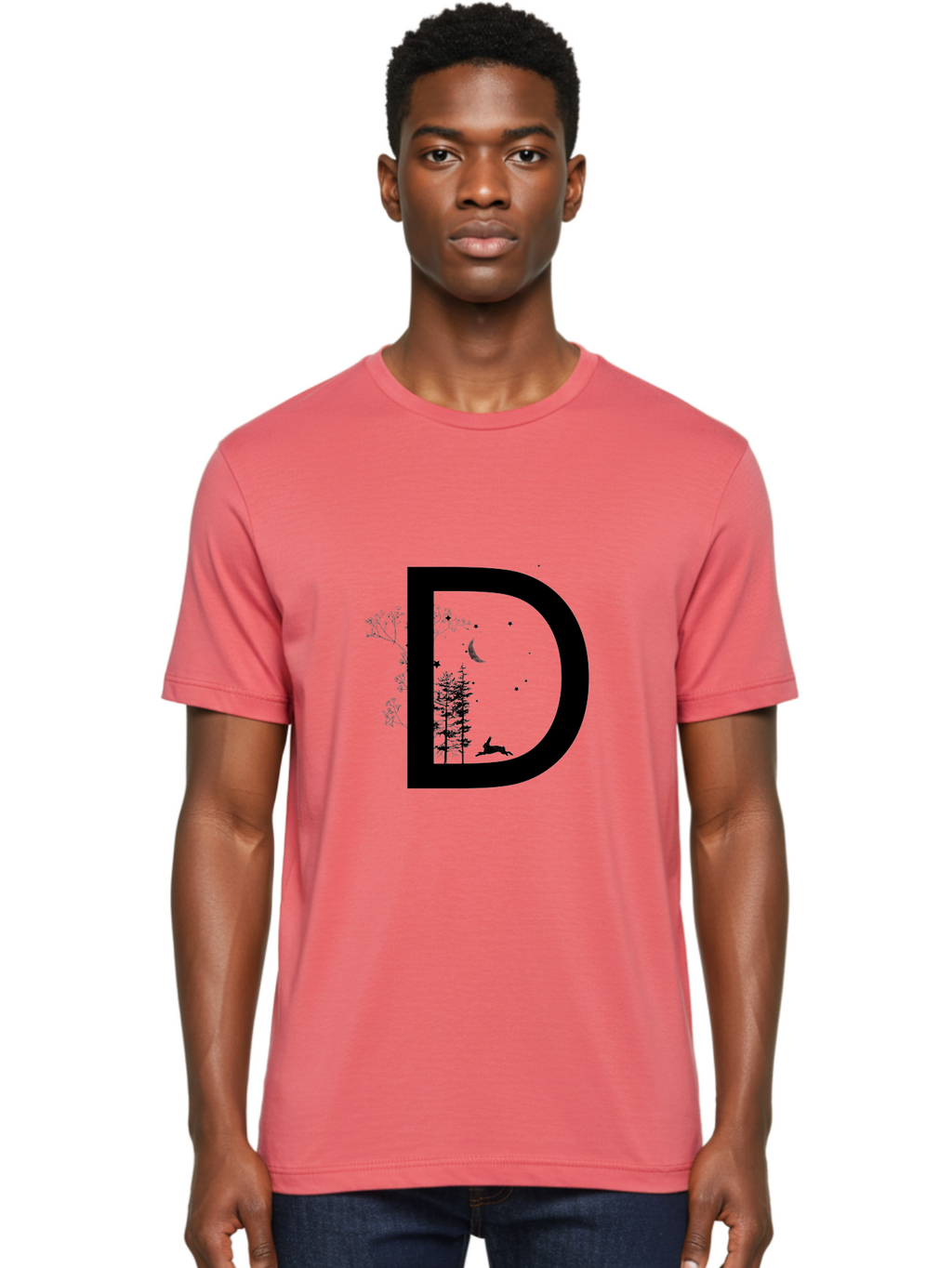 D Men'S Graphic Tee, 100% Cotton, Comfortable Casual Summer Wear, Machine Washable, Whimsical Letter D, Forest Silhouettes, Crescent Moon, Stars, Leaping Deer, Nighttime Scene, Dreamy Atmosphere, Typography Art, Mystical Elements, Aac300