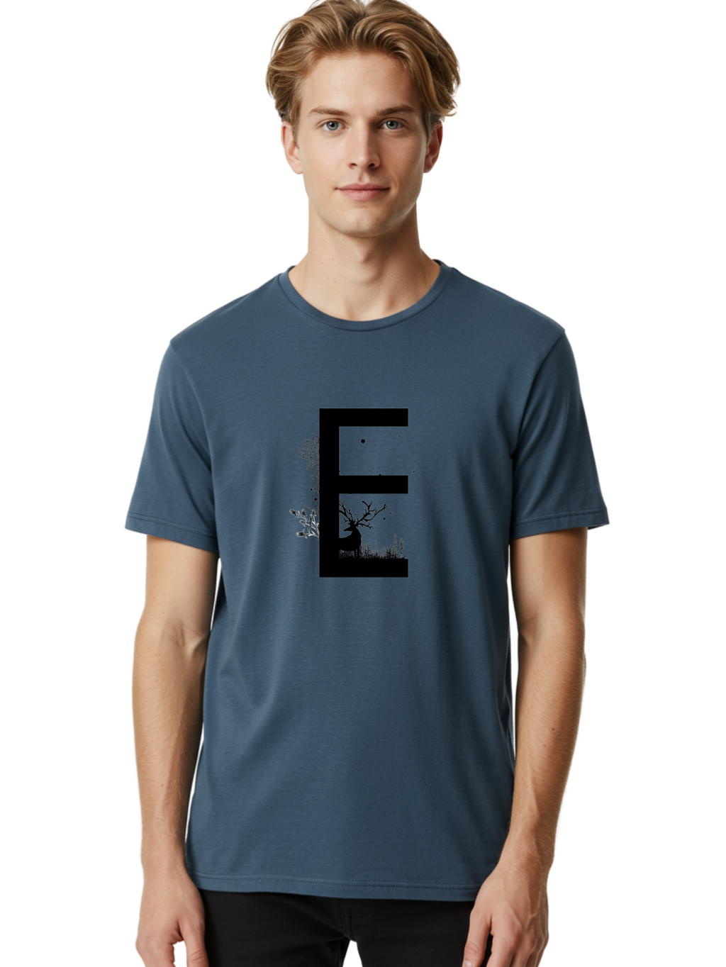E Men'S Graphic Tee, 100% Cotton, Comfortable Casual Summer Wear, Machine Washable, Large Letter E, Tree Silhouettes, Floral Elements, Nature-Inspired Design, Creative Typography, Artistic Lettering, Botanical Art, Whimsical Style, Aac304