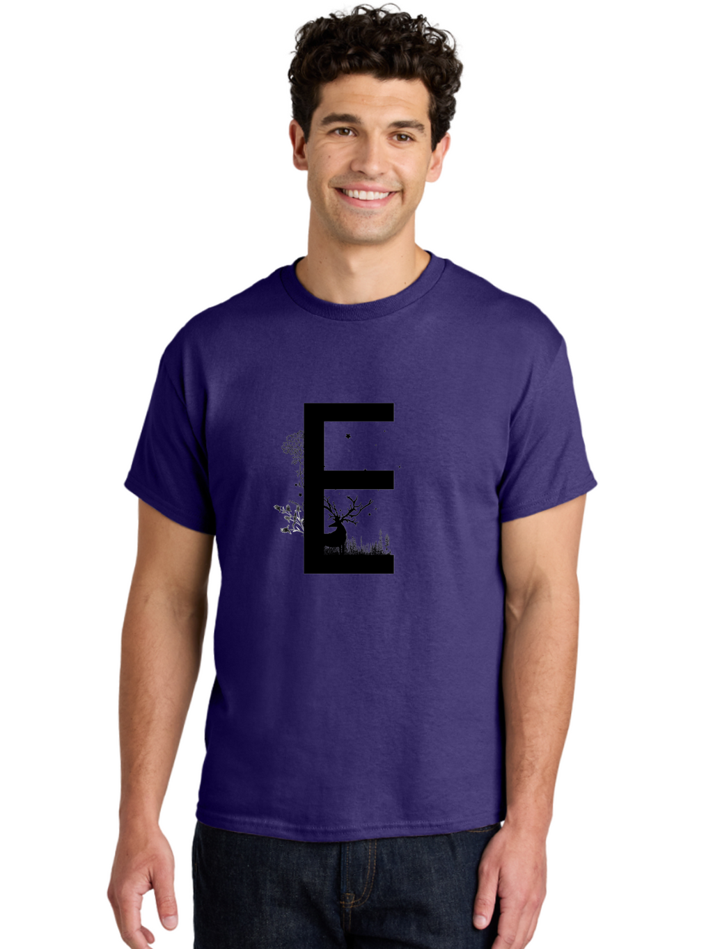 E Men'S Graphic Tee, 100% Cotton, Comfortable Casual Summer Wear, Machine Washable, Large Letter E, Tree Silhouettes, Floral Elements, Nature-Inspired Design, Creative Typography, Artistic Lettering, Botanical Art, Whimsical Style, Aac304