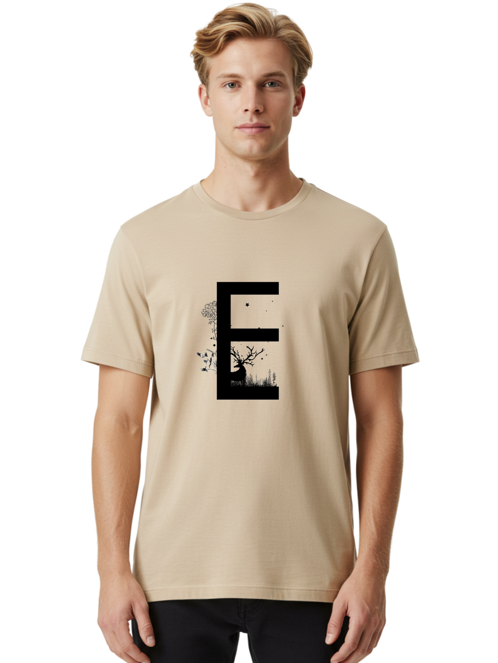 E Men'S Graphic Tee, 100% Cotton, Comfortable Casual Summer Wear, Machine Washable, Large Letter E, Tree Silhouettes, Floral Elements, Nature-Inspired Design, Creative Typography, Artistic Lettering, Botanical Art, Whimsical Style, Aac304