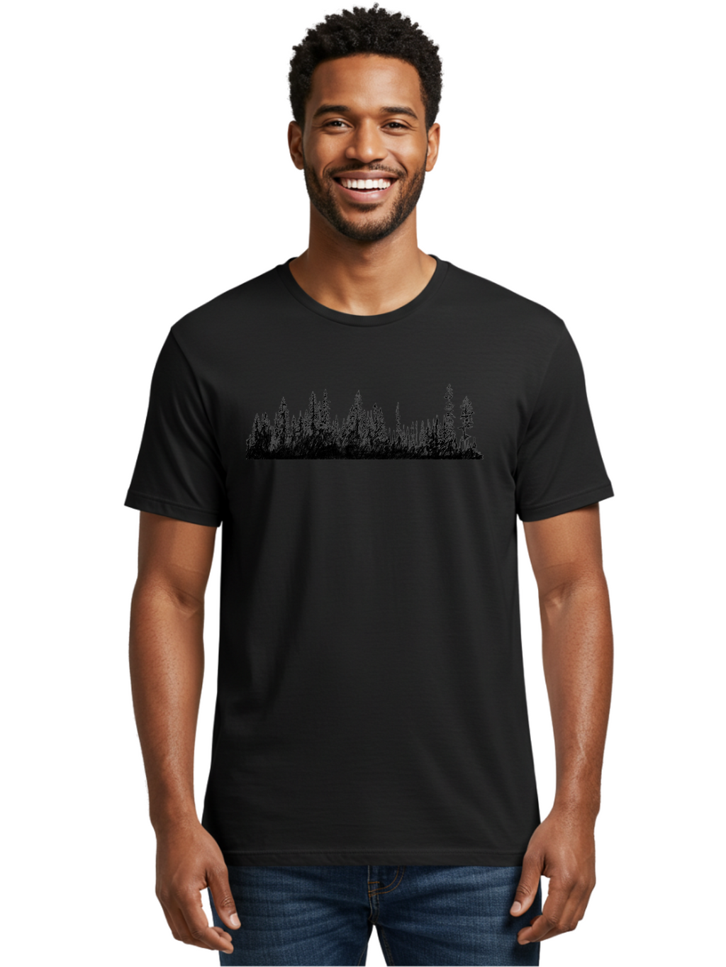 Evergreen-Silhouettes Men'S Graphic Tee, 100% Cotton, Comfortable Casual Summer Wear, Machine Washable, Silhouetted Trees, Evergreen Forest, Pine Tree Landscape, Dark Foliage, Mysterious Ambiance, Scenic Edge, Nature Illustration, Forest Scene Aac305