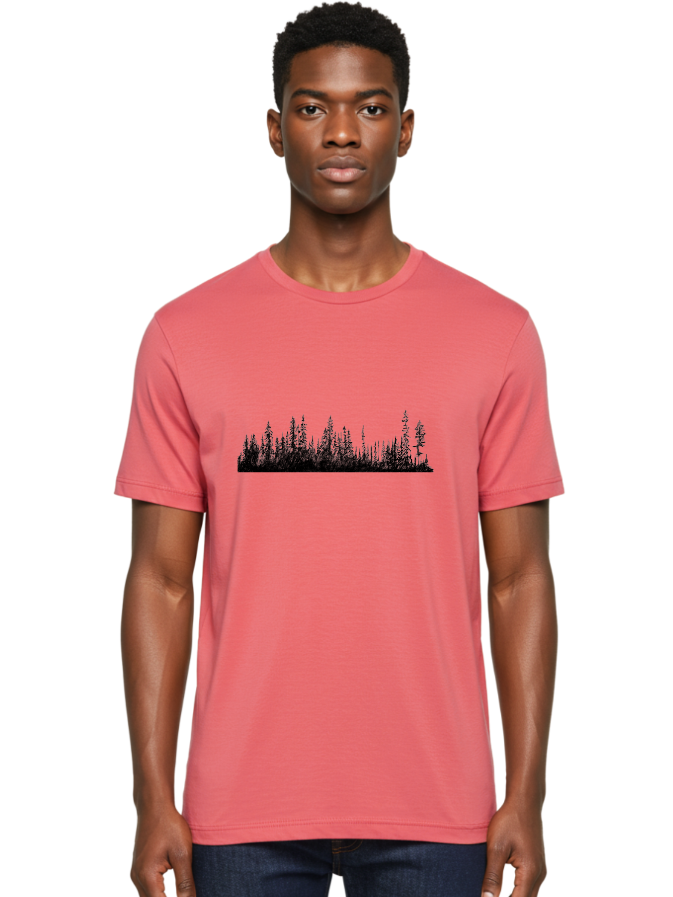 Evergreen-Silhouettes Men'S Graphic Tee, 100% Cotton, Comfortable Casual Summer Wear, Machine Washable, Silhouetted Trees, Evergreen Forest, Pine Tree Landscape, Dark Foliage, Mysterious Ambiance, Scenic Edge, Nature Illustration, Forest Scene Aac305