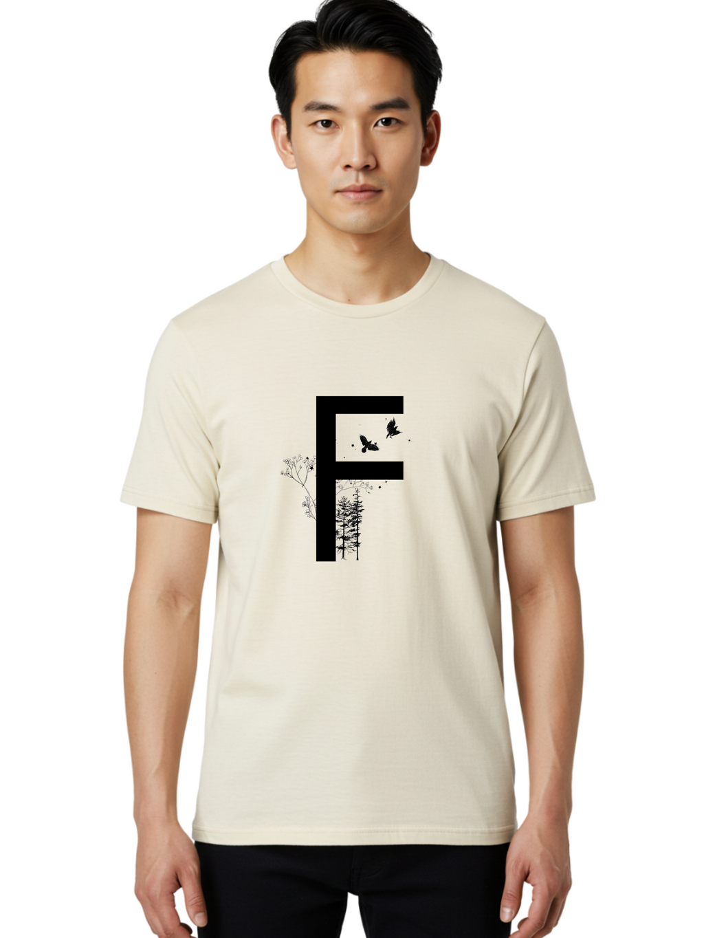 F Men'S Graphic Tee, 100% Cotton, Comfortable Casual Summer Wear, Machine Washable, Stylized Letter F, Black Typography, Nature Elements, Flowers, Trees, Birds In Flight, Natural Scenery, Forest Landscape, Artistic Design, Creative Typography Aac306
