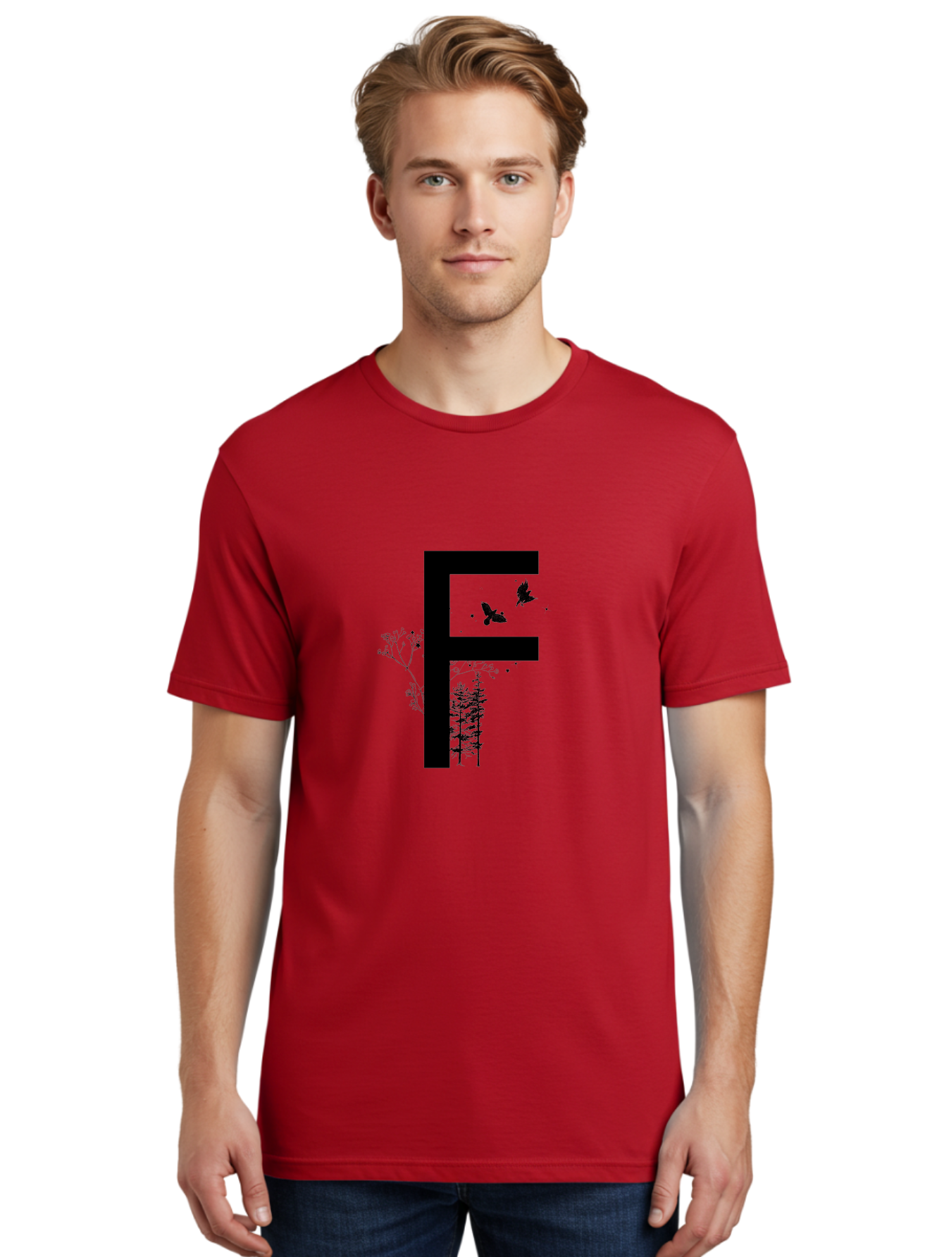 F Men'S Graphic Tee, 100% Cotton, Comfortable Casual Summer Wear, Machine Washable, Stylized Letter F, Black Typography, Nature Elements, Flowers, Trees, Birds In Flight, Natural Scenery, Forest Landscape, Artistic Design, Creative Typography Aac306