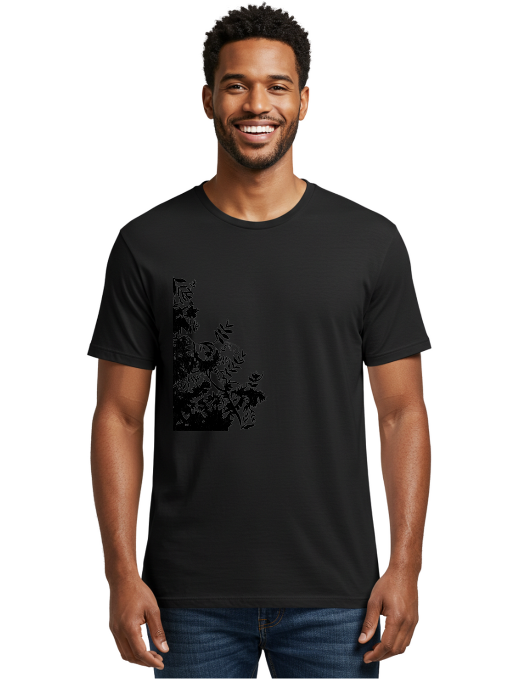 Floral-Silhouette Men'S Graphic Tee, 100% Cotton, Comfortable Casual Summer Wear, Machine Washable, Floral Silhouette, Black Leaves, Twisted Stems, Floral Arrangement, Botanical Design, Delicate Patterns, Intricate Details, Elegant Graphics Aac308