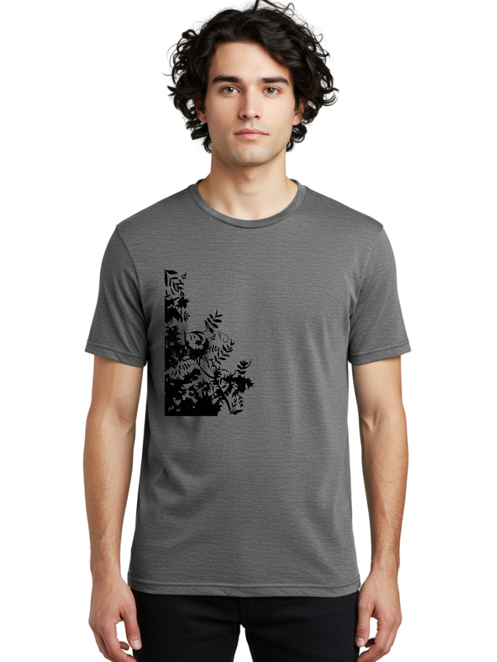 Floral-Silhouette Men'S Graphic Tee, 100% Cotton, Comfortable Casual Summer Wear, Machine Washable, Floral Silhouette, Black Leaves, Twisted Stems, Floral Arrangement, Botanical Design, Delicate Patterns, Intricate Details, Elegant Graphics Aac308