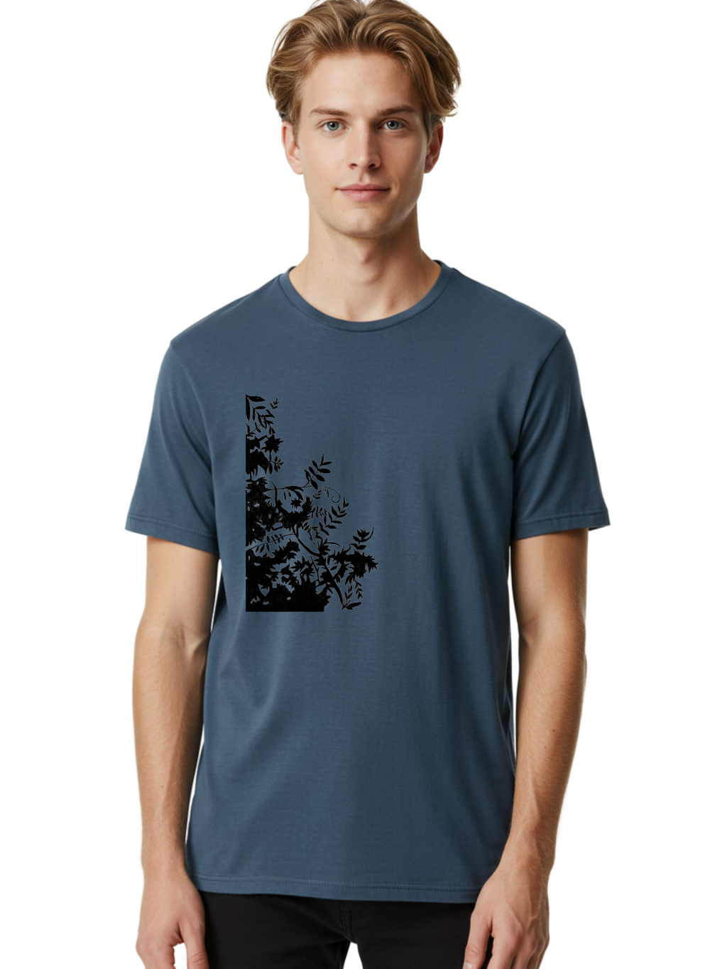 Floral-Silhouette Men'S Graphic Tee, 100% Cotton, Comfortable Casual Summer Wear, Machine Washable, Floral Silhouette, Black Leaves, Twisted Stems, Floral Arrangement, Botanical Design, Delicate Patterns, Intricate Details, Elegant Graphics Aac308